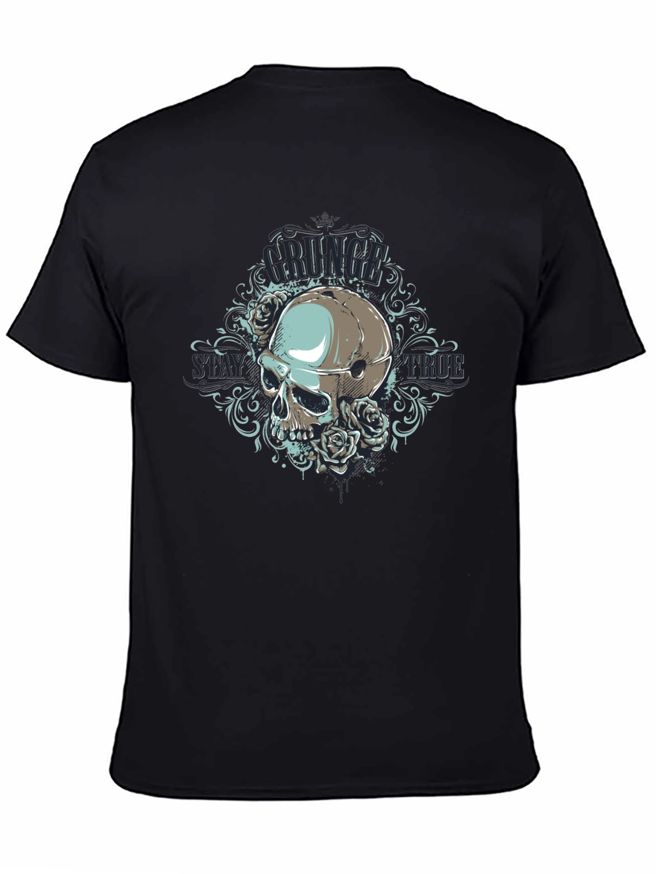 Grunge Skull Rose Graphic Black T-Shirt