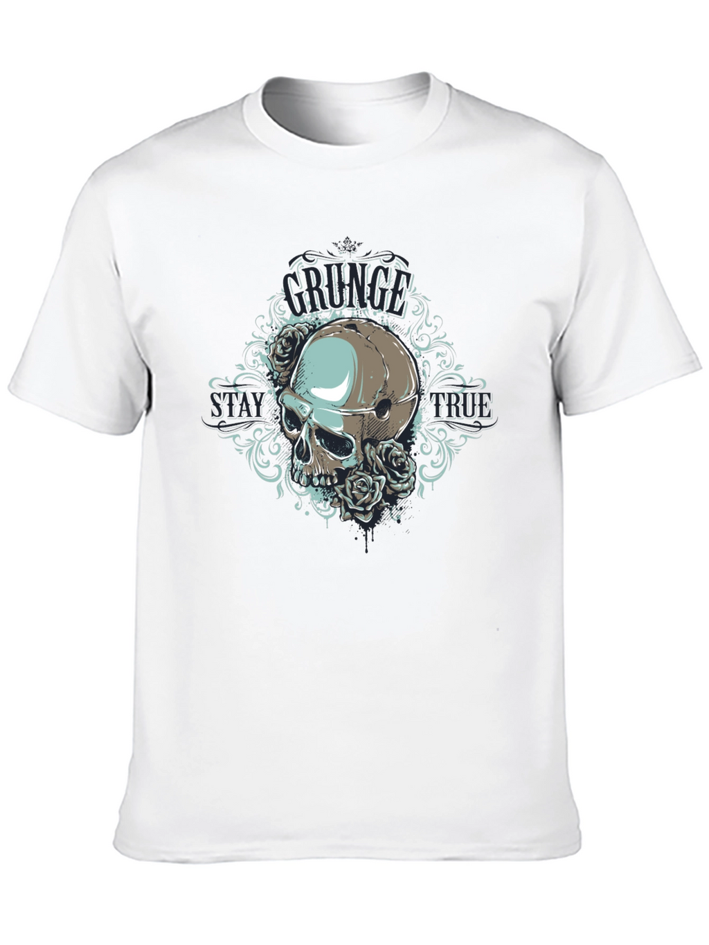 Grunge Skull Rose Graphic Black T-Shirt