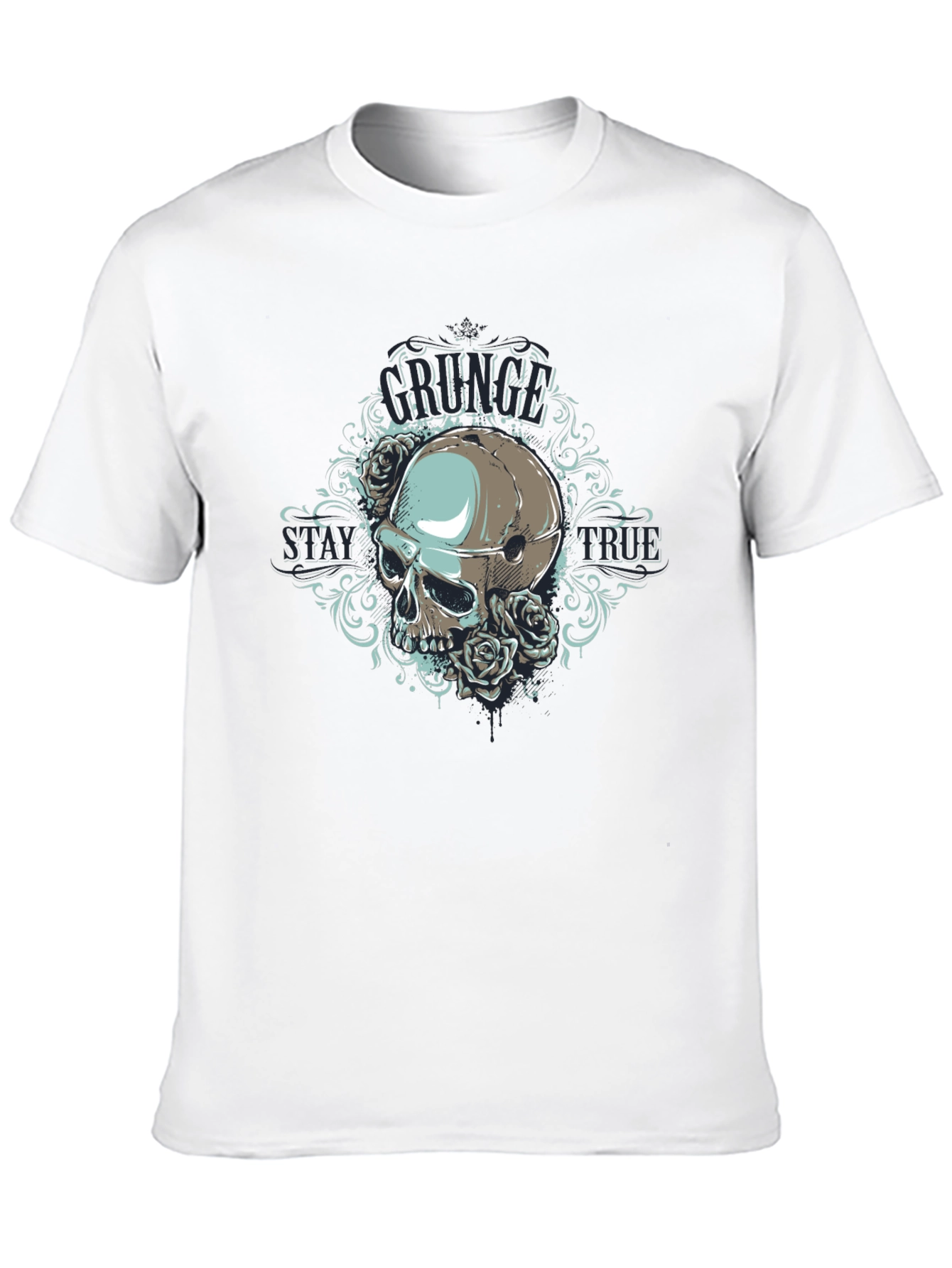 Grunge Skull Rose Graphic Black T-Shirt