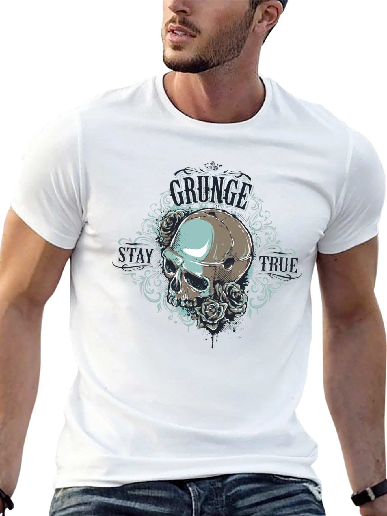 Grunge Skull Rose Graphic Black T-Shirt