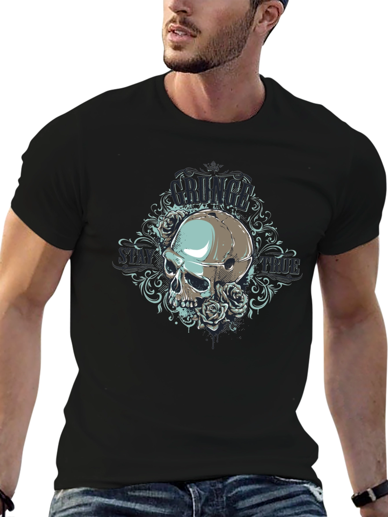 Grunge Skull Rose Graphic Black T-Shirt