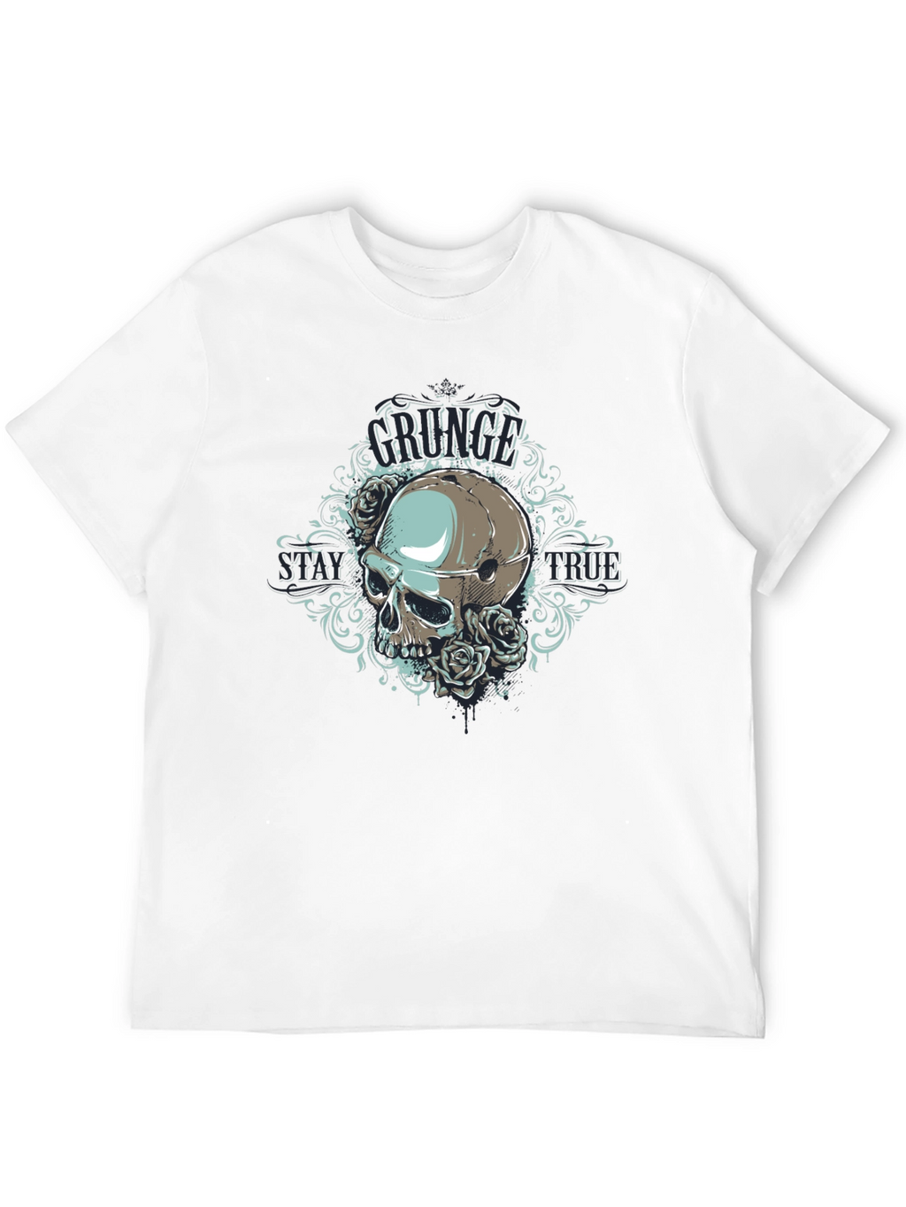 Grunge Skull Rose Graphic Black T-Shirt