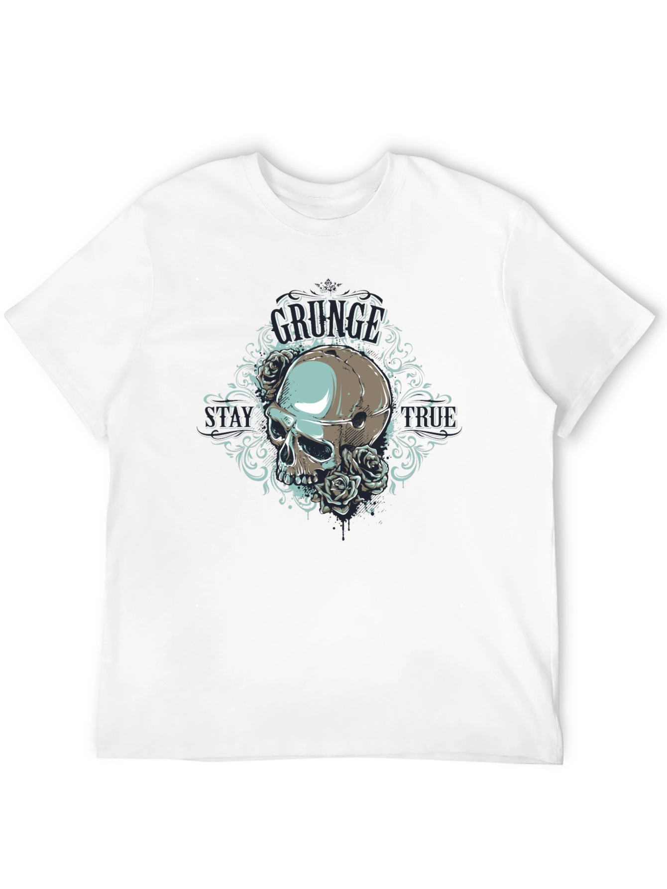 Grunge Skull Rose Graphic Black T-Shirt