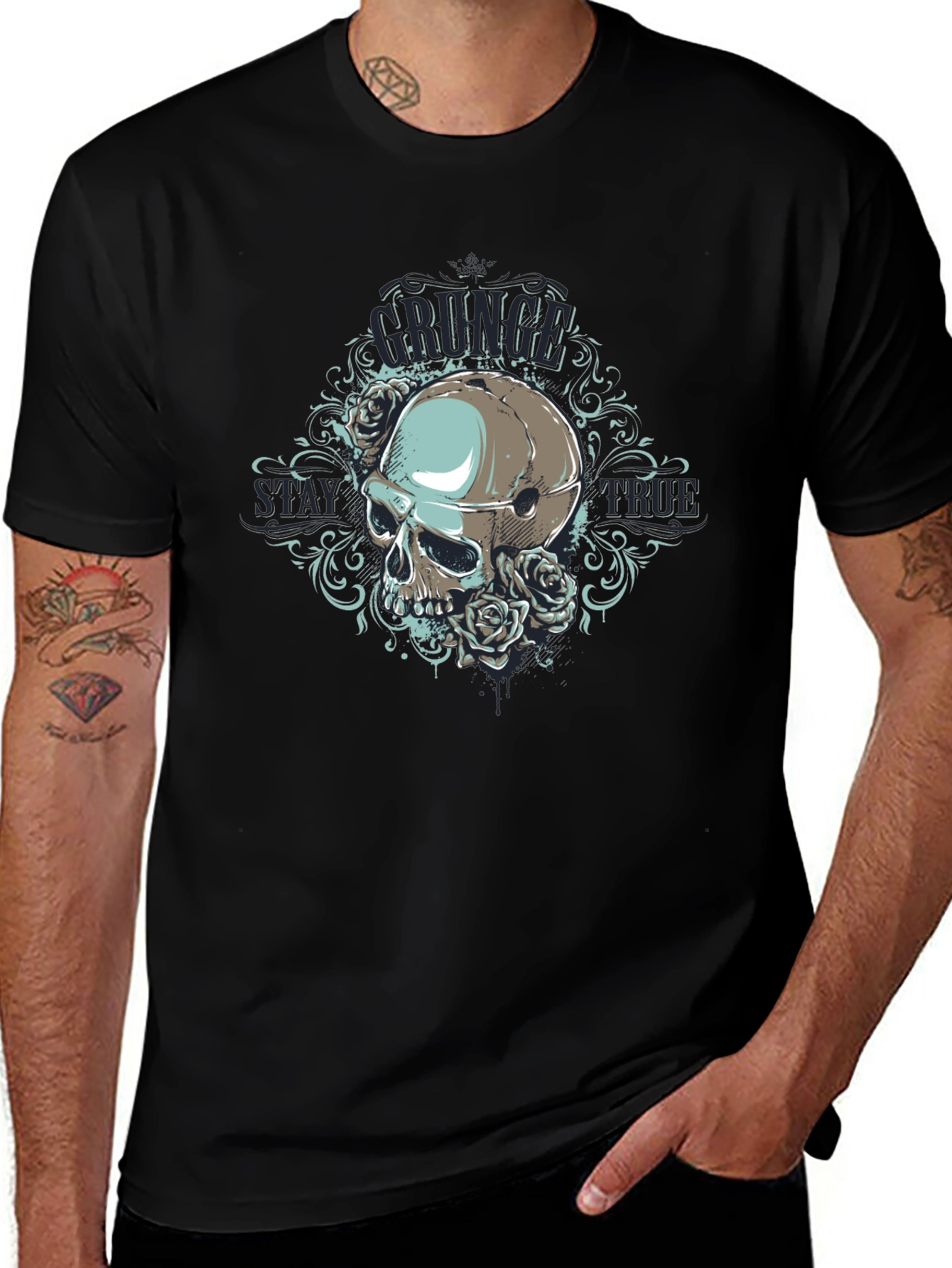 Grunge Skull Rose Graphic Black T-Shirt