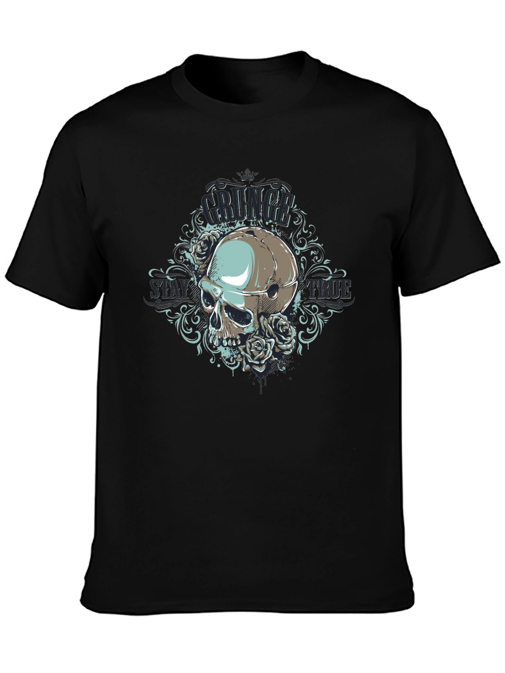 Grunge Skull Rose Graphic Black T-Shirt