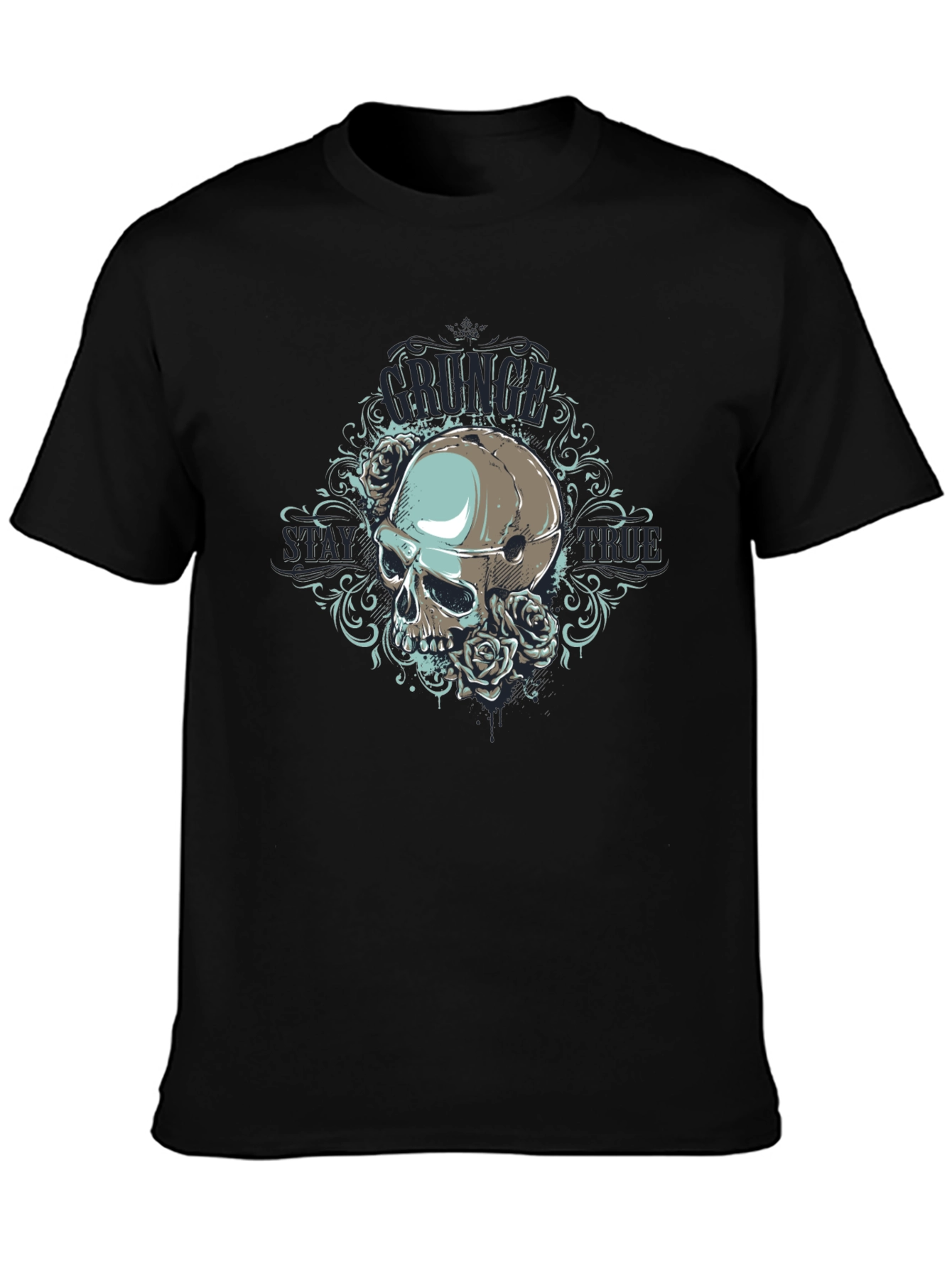 Grunge Skull Rose Graphic Black T-Shirt