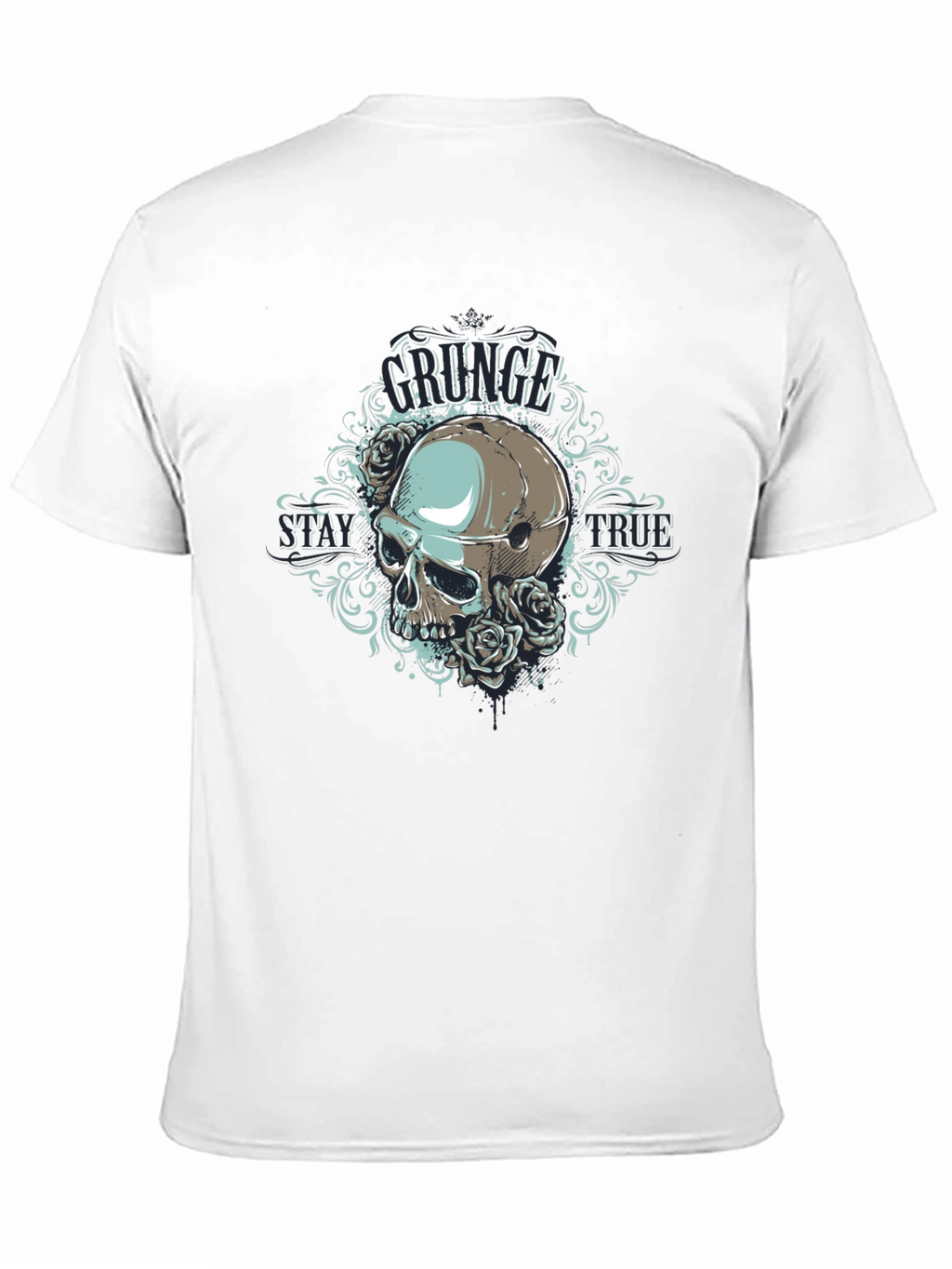 Grunge Skull Rose Graphic Black T-Shirt