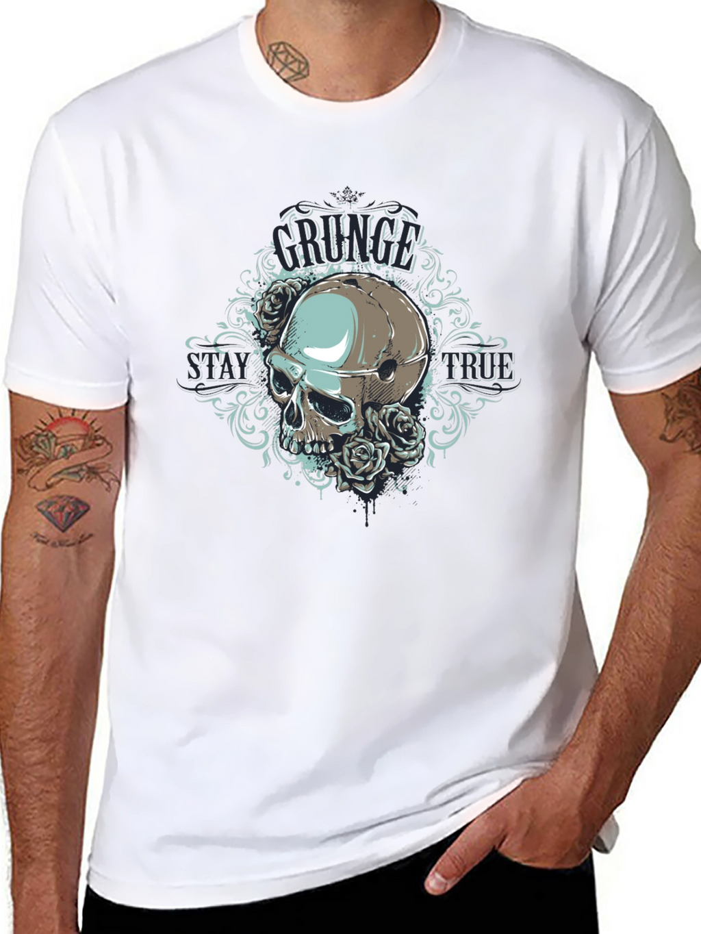 Grunge Skull Rose Graphic Black T-Shirt