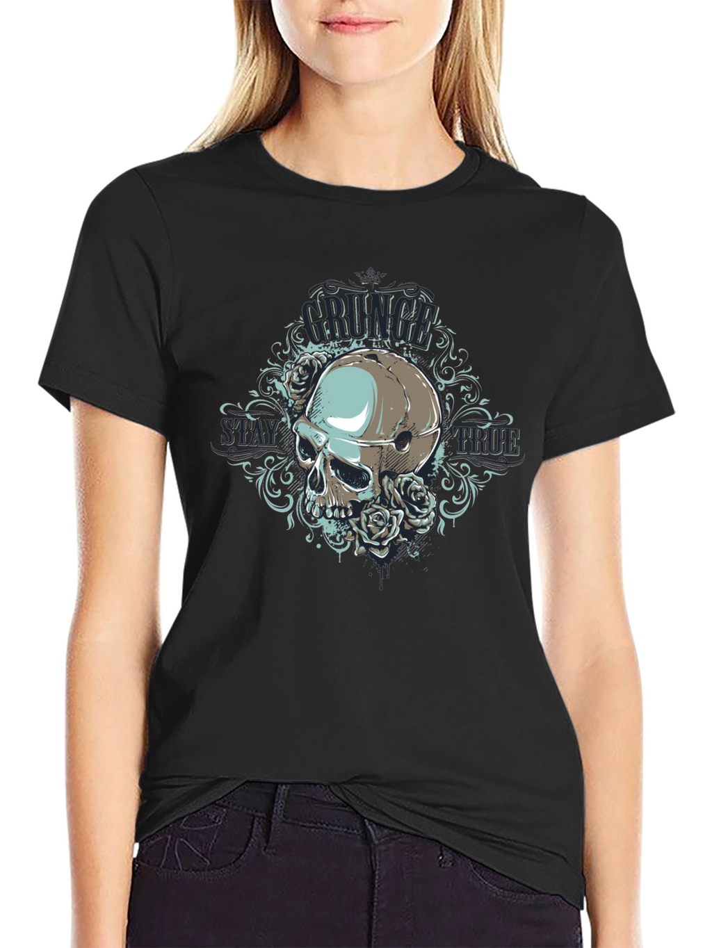 Grunge Skull Rose Graphic Black T-Shirt
