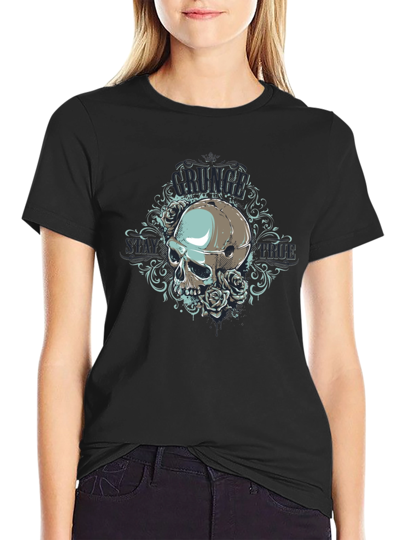 Grunge Skull Rose Graphic Black T-Shirt