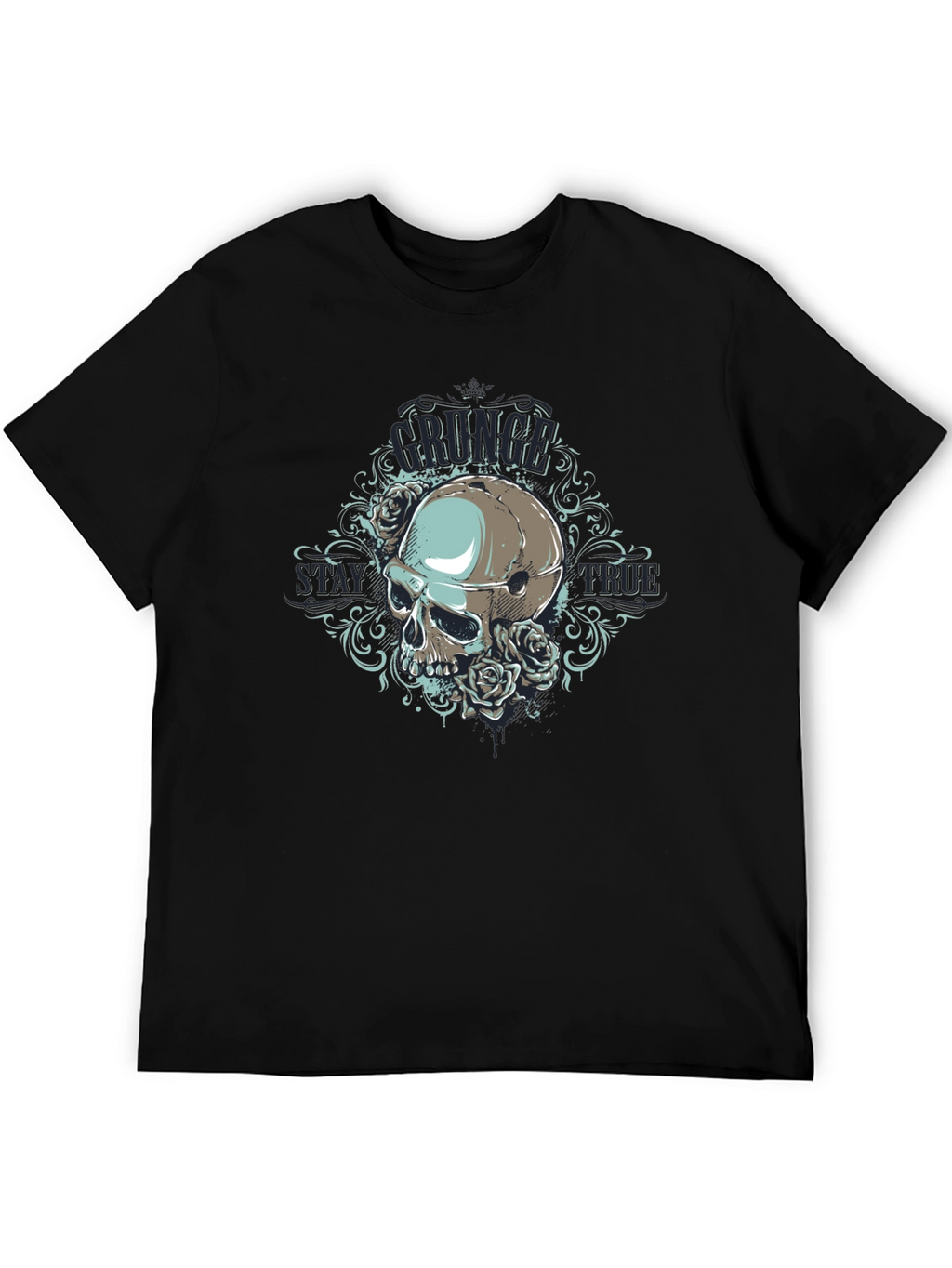 Grunge Skull Rose Graphic Black T-Shirt