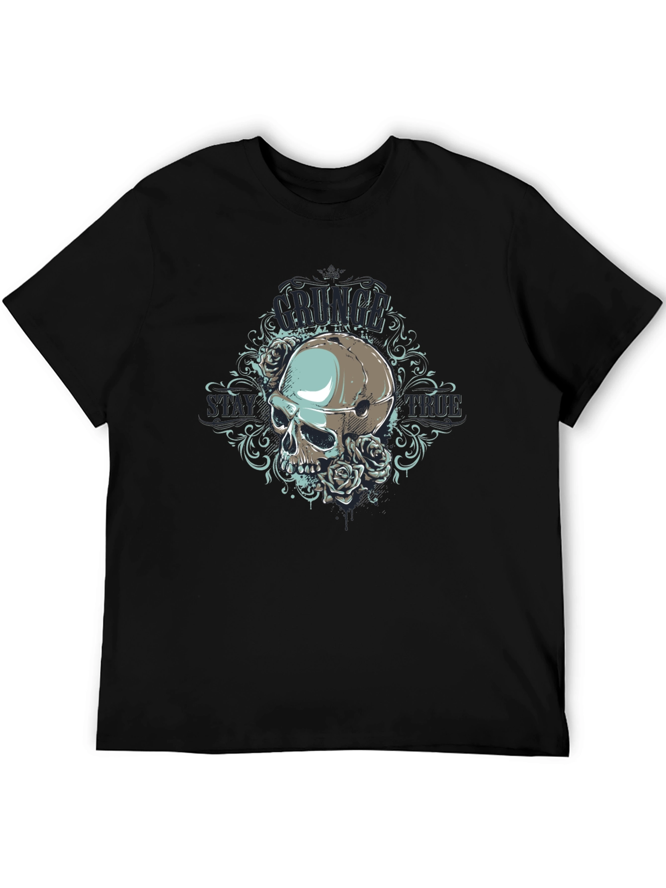 Grunge Skull Rose Graphic Black T-Shirt