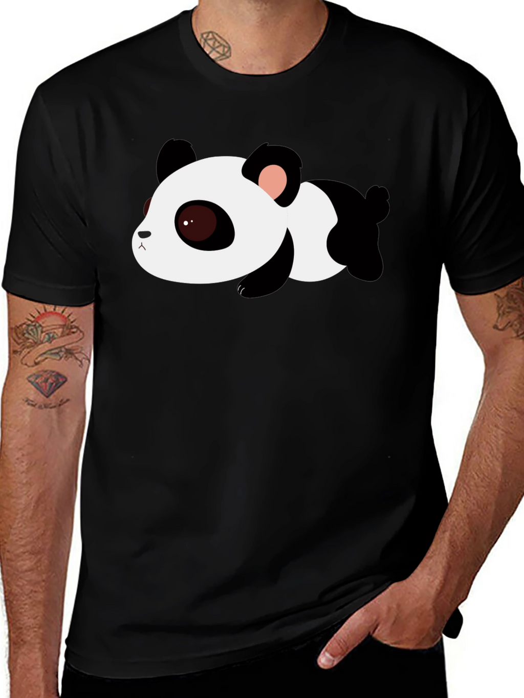 Cute Panda Graphic Tee - Black Cotton T-Shirt