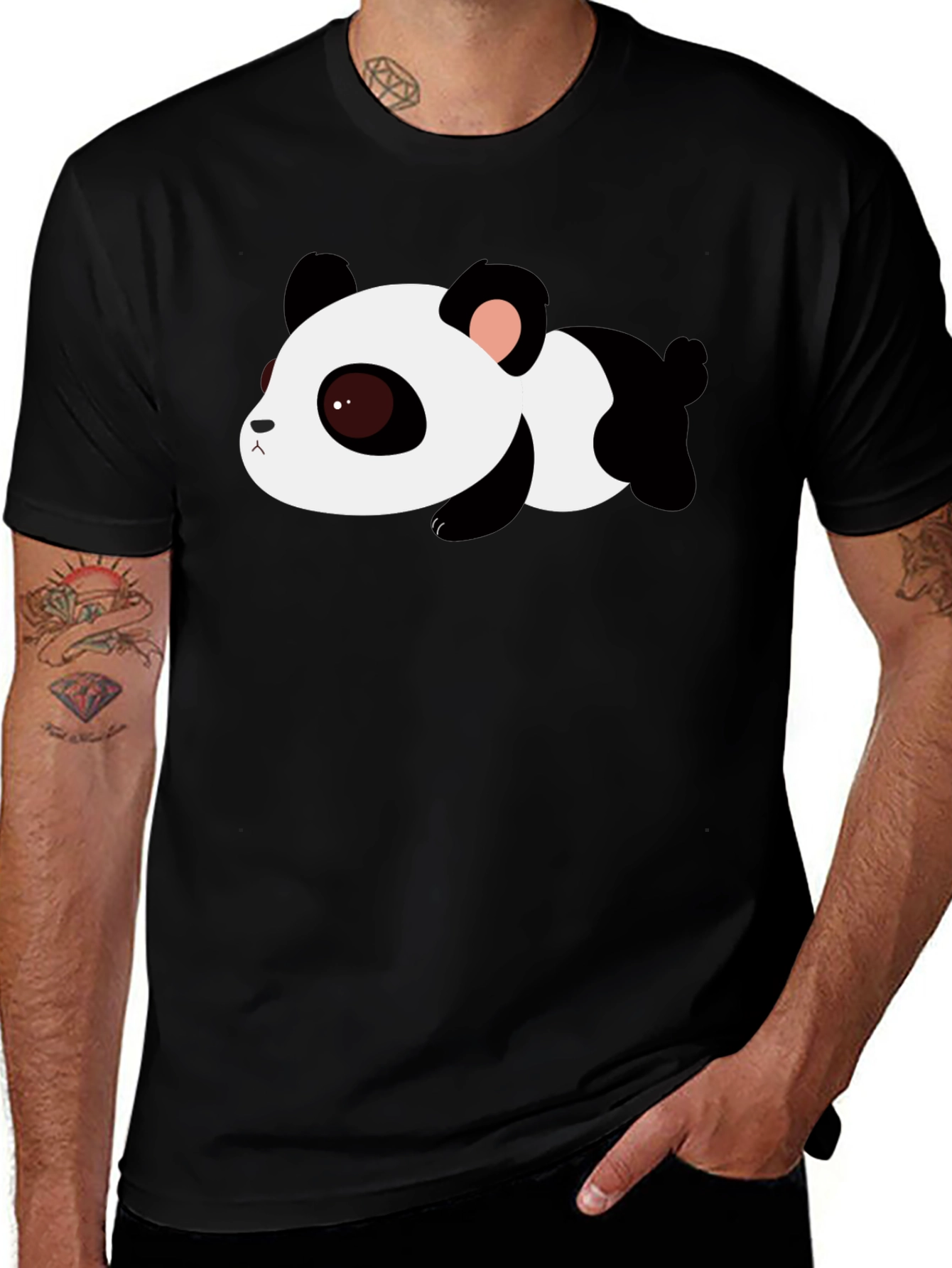 Cute Panda Graphic Tee - Black Cotton T-Shirt