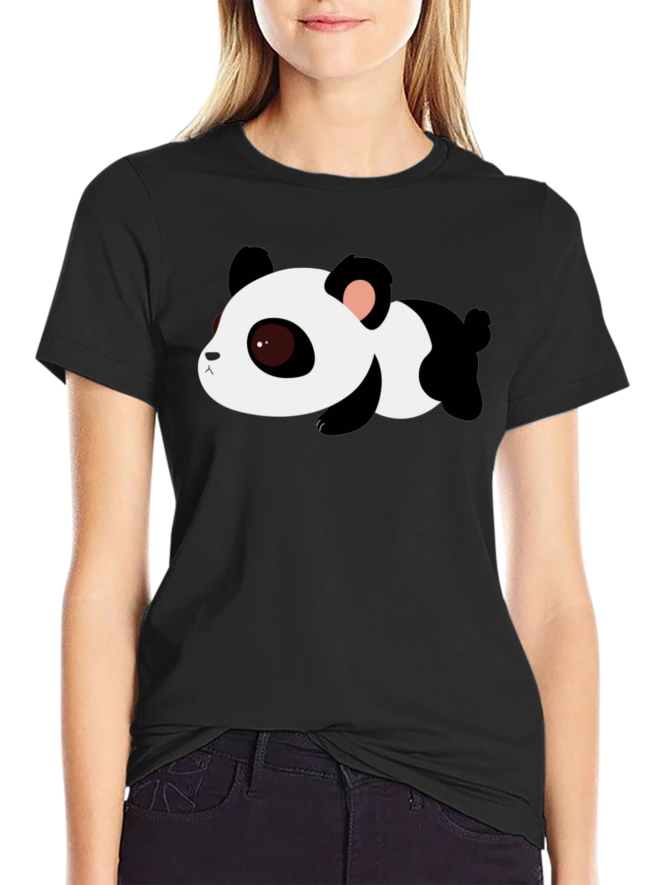 Cute Panda Graphic Tee - Black Cotton T-Shirt
