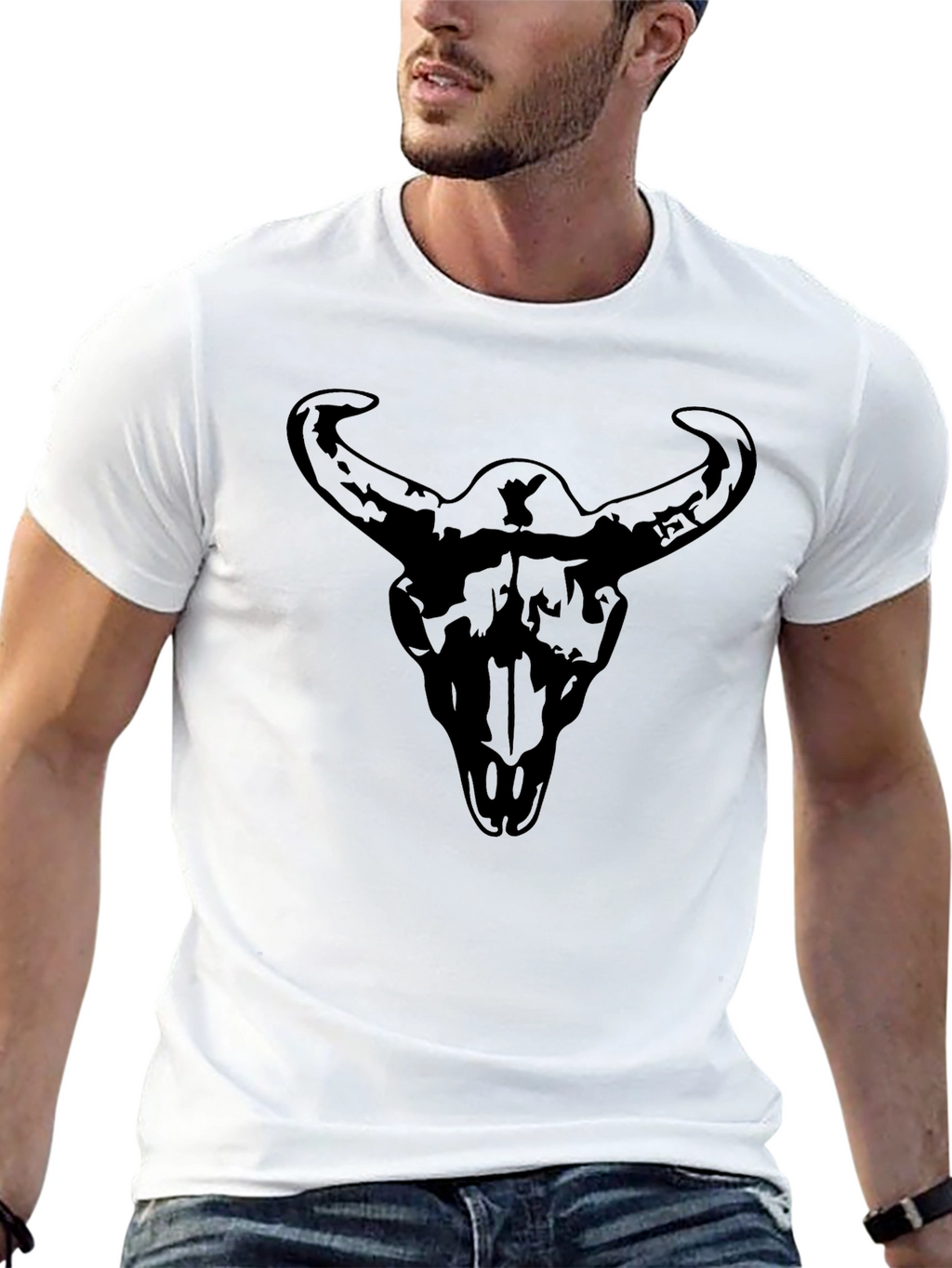 Mens Black Graphic Tee - Steer Skull Print