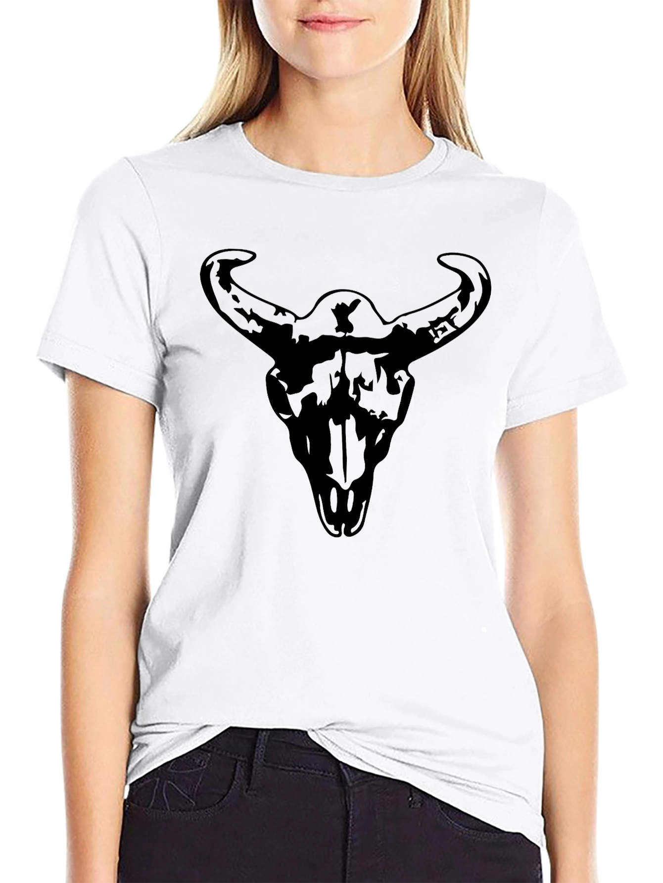 Mens Black Graphic Tee - Steer Skull Print