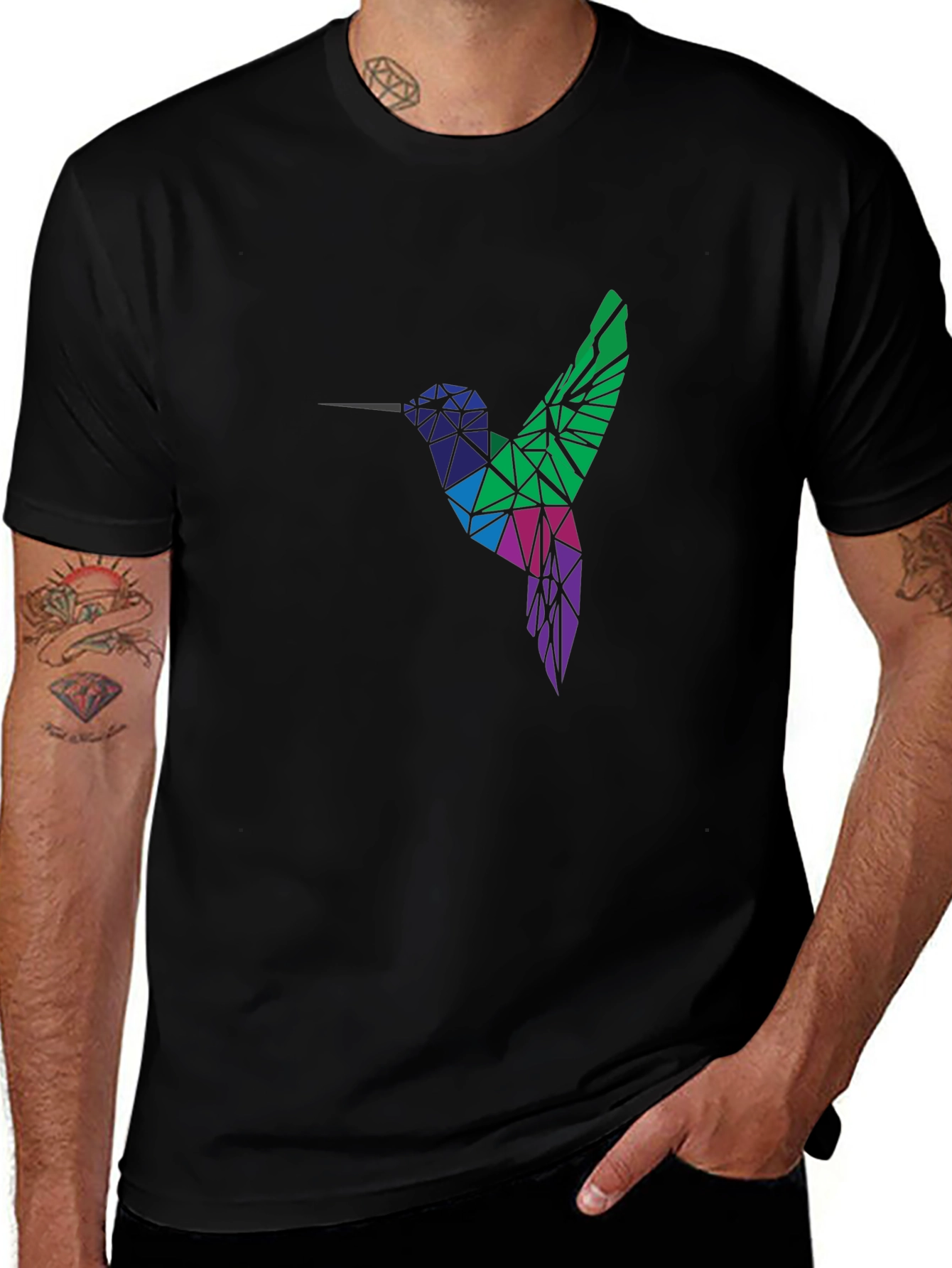 Geometric Hummingbird Graphic Tee - Black