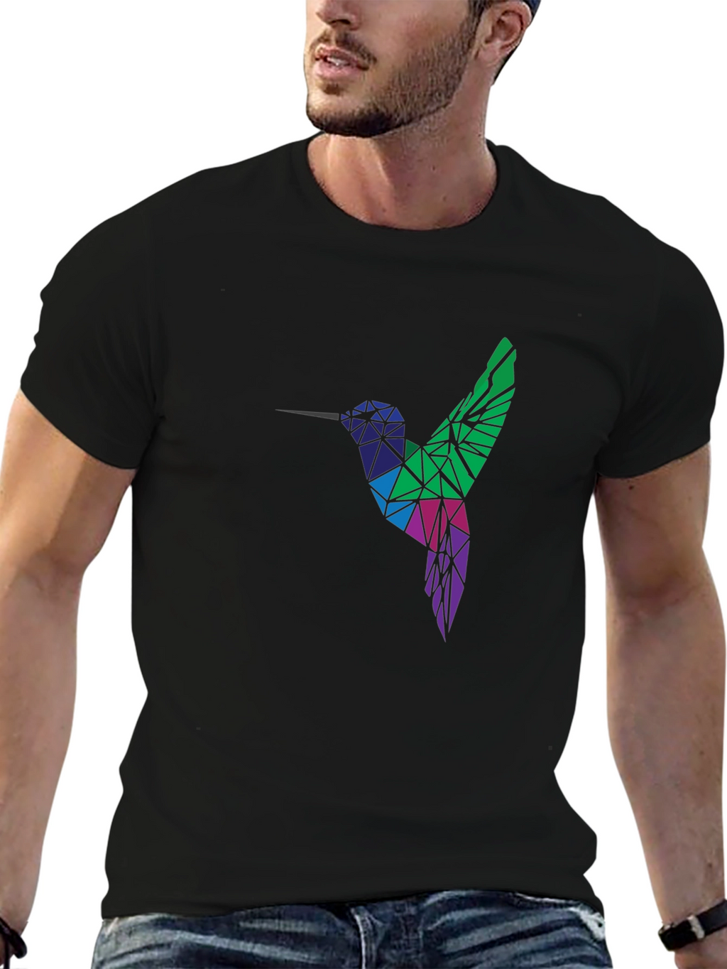 Geometric Hummingbird Graphic Tee - Black