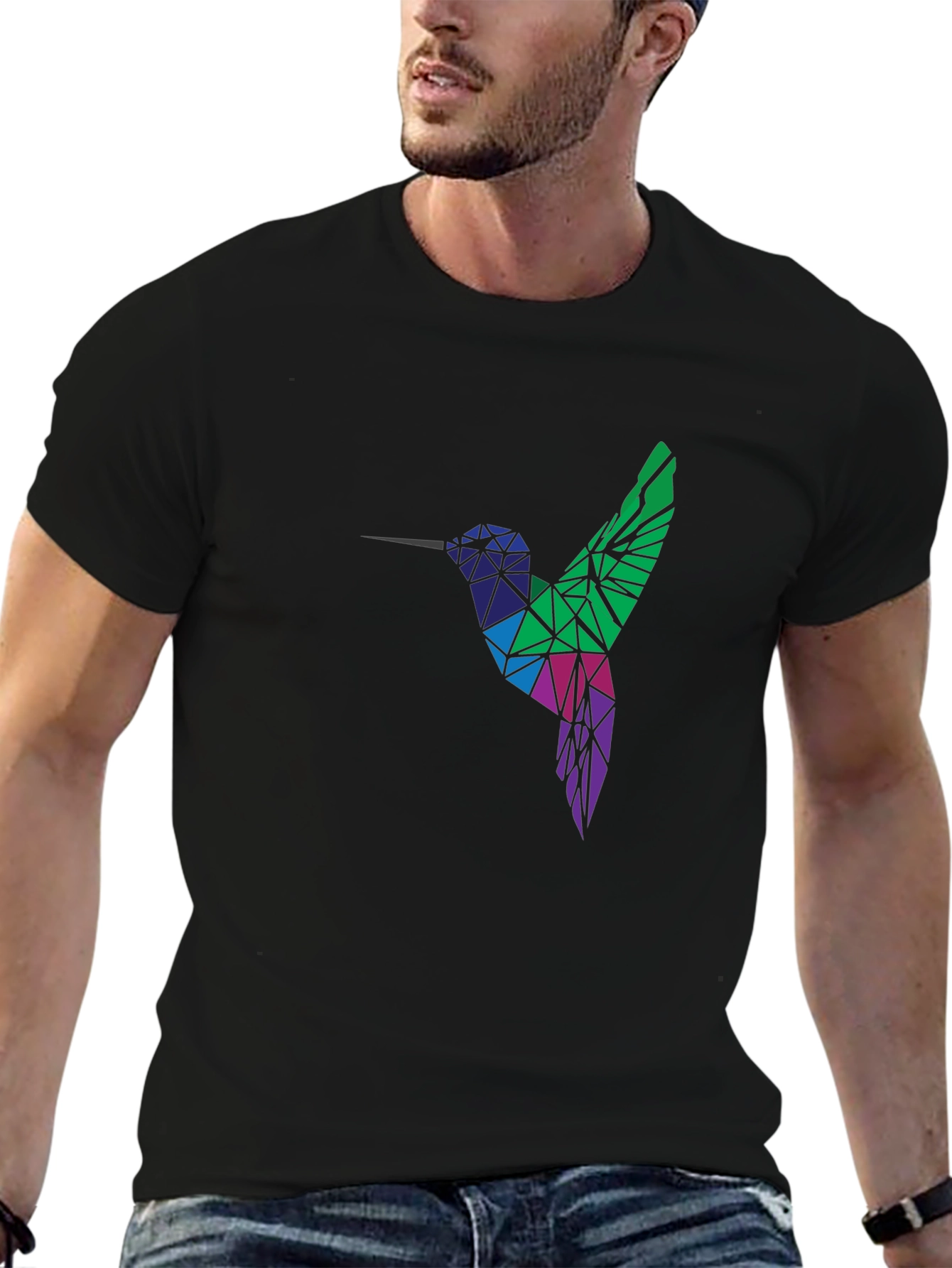 Geometric Hummingbird Graphic Tee - Black
