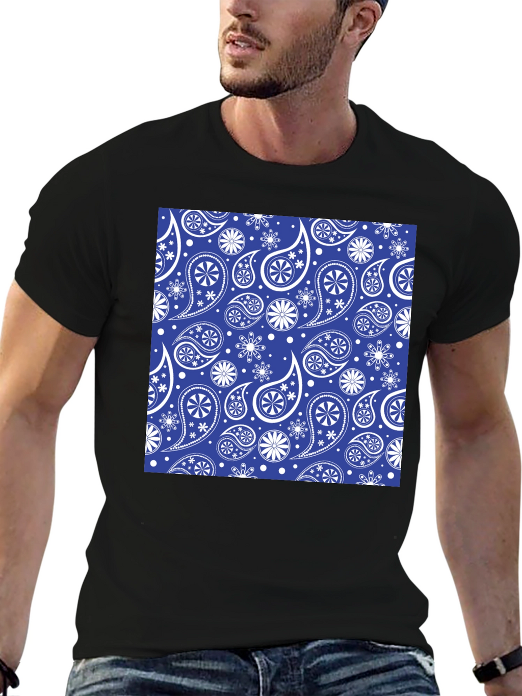 Blue Paisley Pattern Black T-Shirt