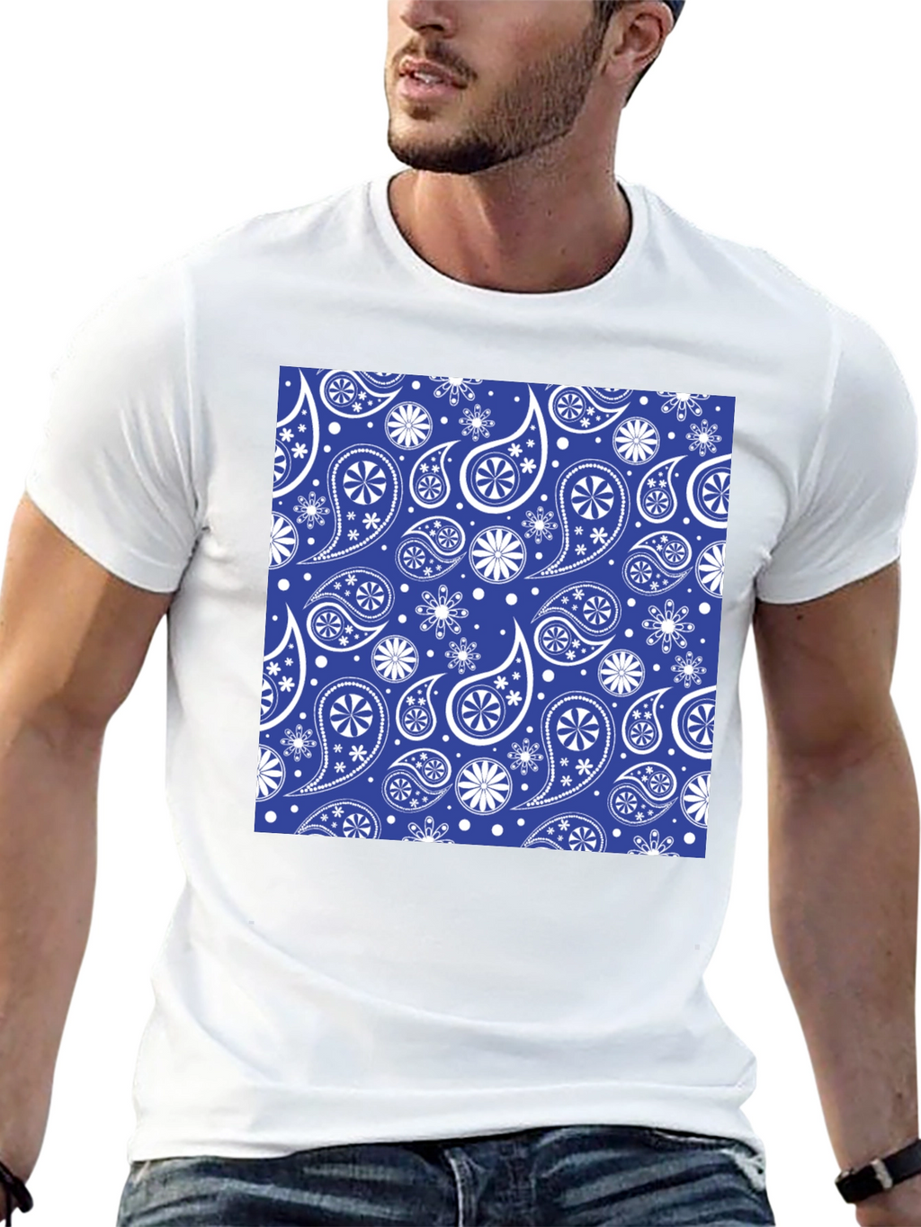 Blue Paisley Pattern Black T-Shirt