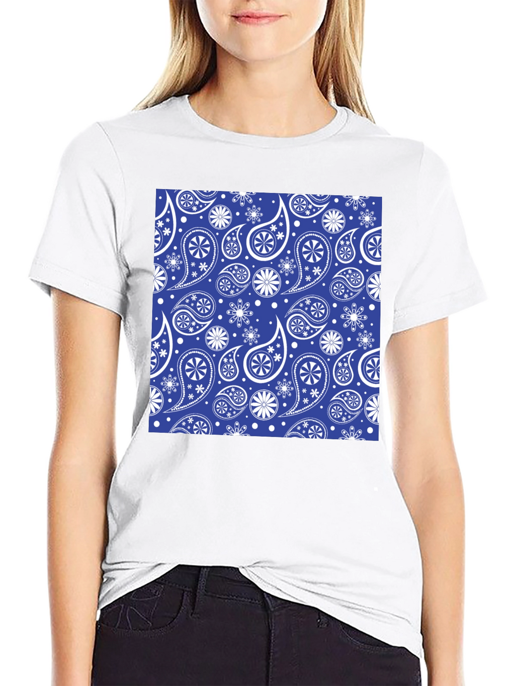 Blue Paisley Pattern Black T-Shirt