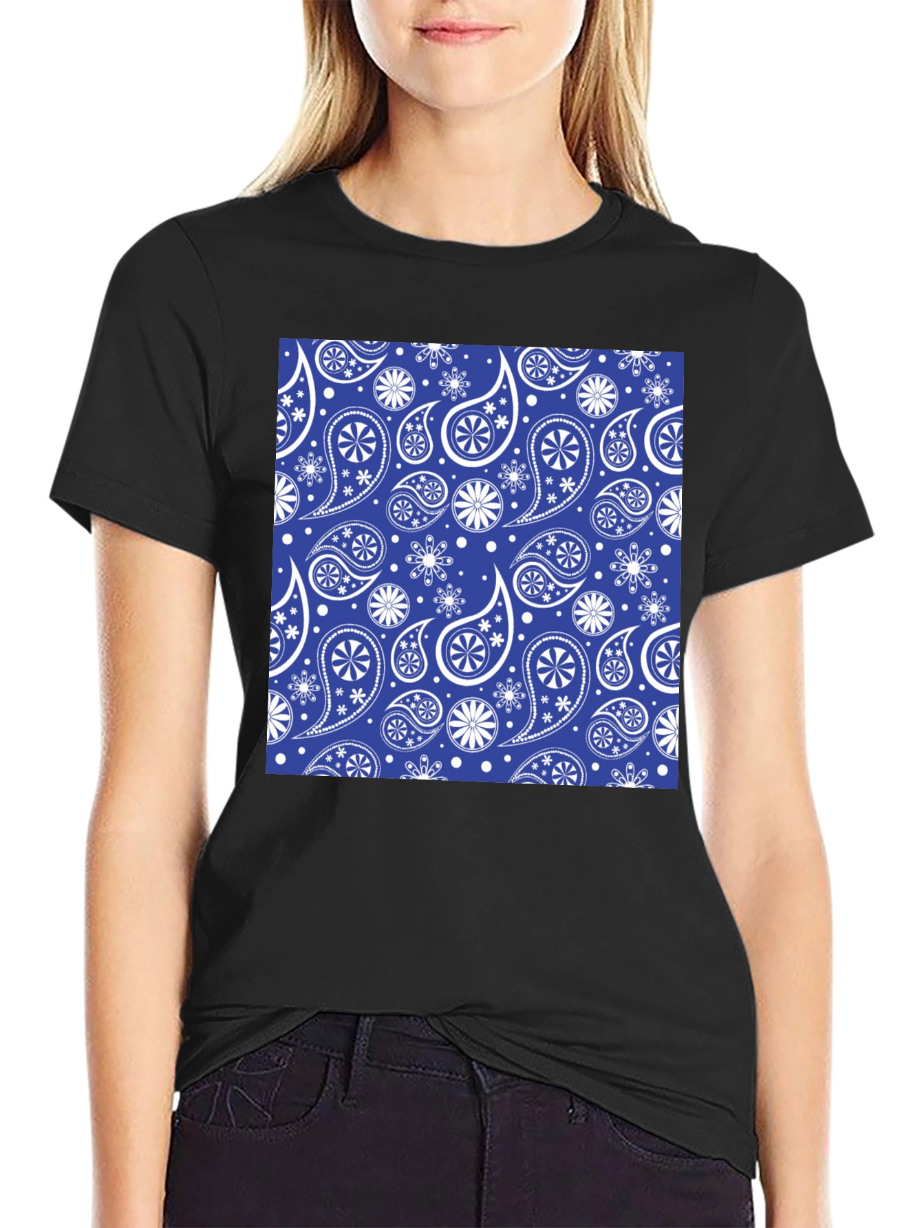 Blue Paisley Pattern Black T-Shirt