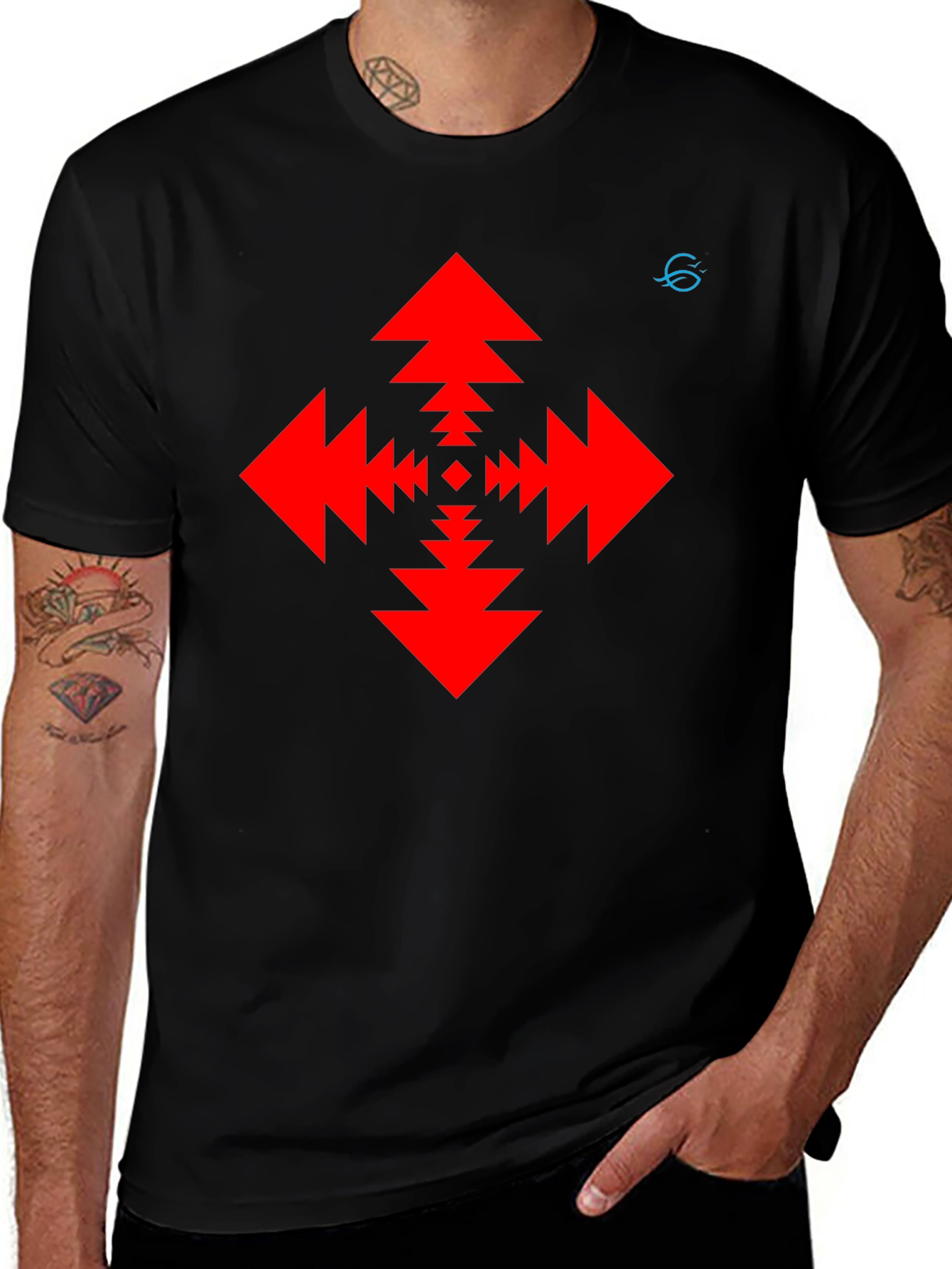 Geometric Arrow Pattern Black T-Shirt