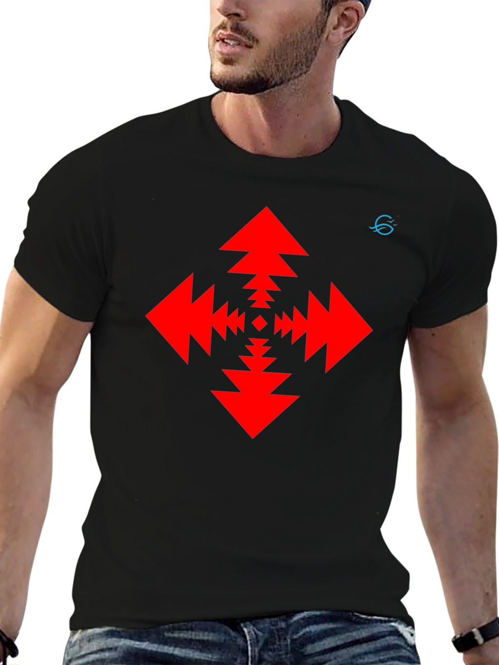Geometric Arrow Pattern Black T-Shirt