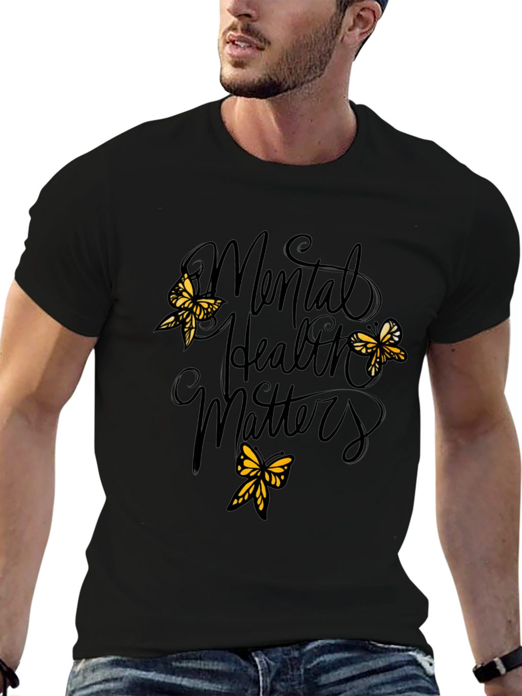 Mental Health Matters Black Tee with Butterflies