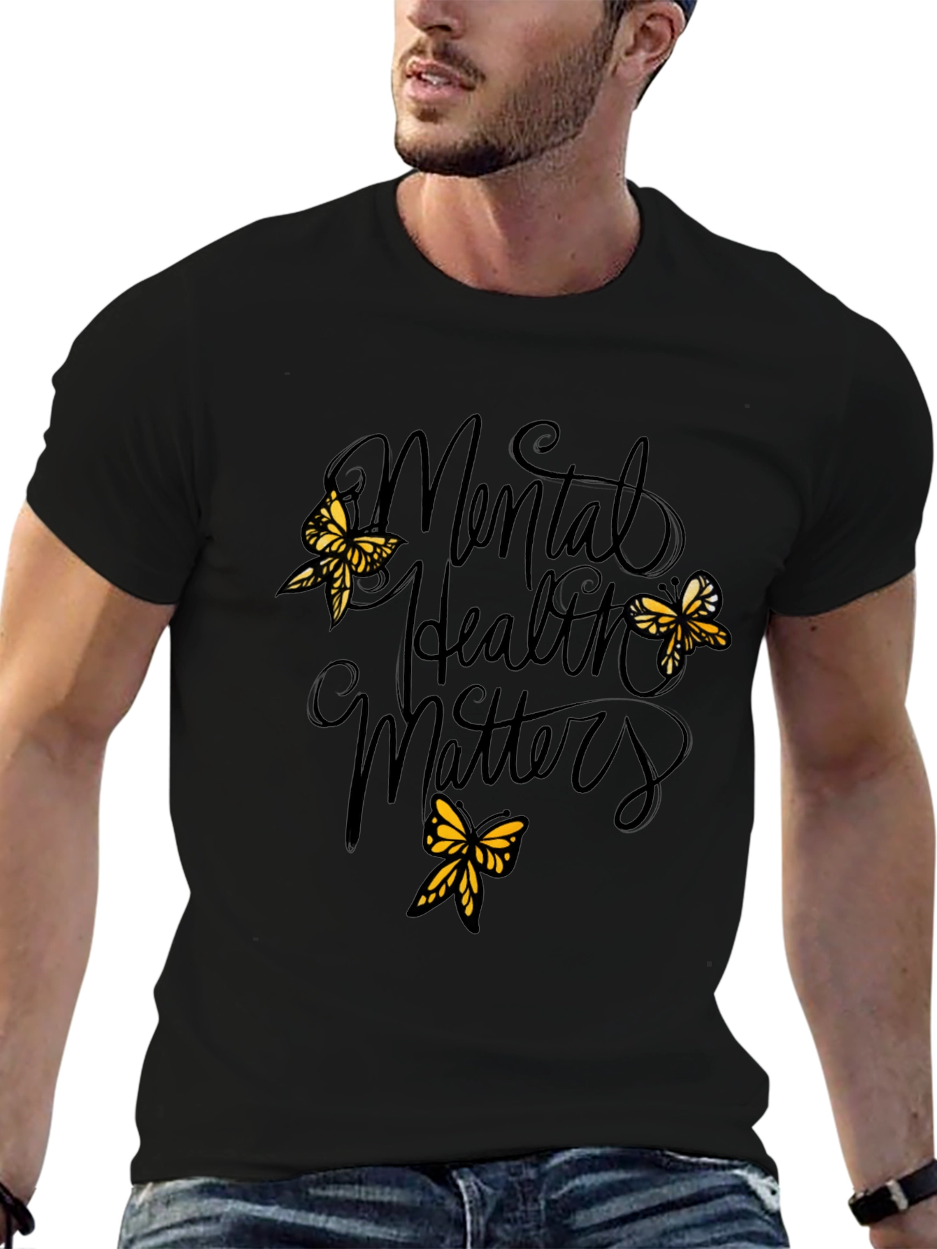 Mental Health Matters Black Tee with Butterflies