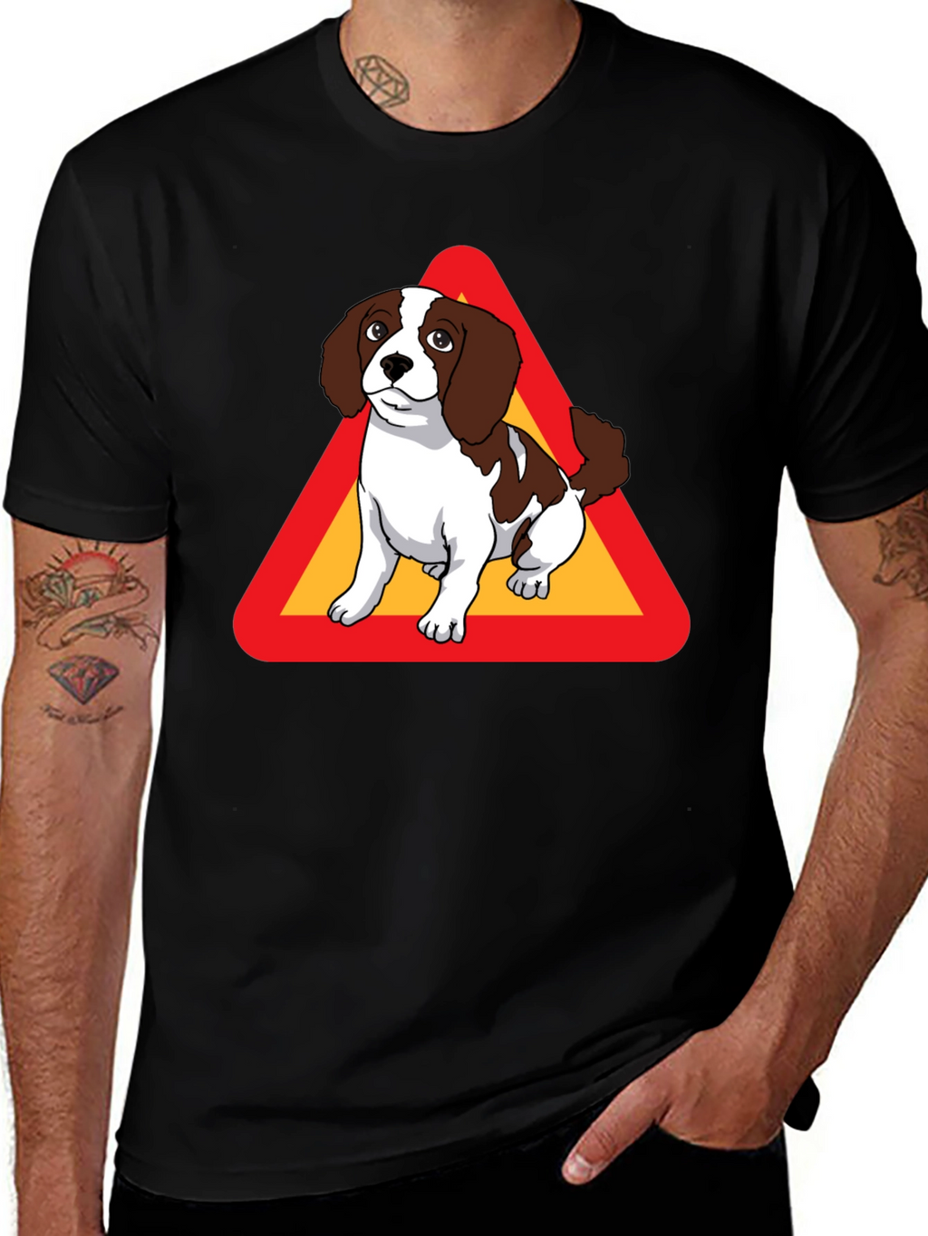 Dog Warning Sign Graphic Tee - Black Cotton T-Shirt