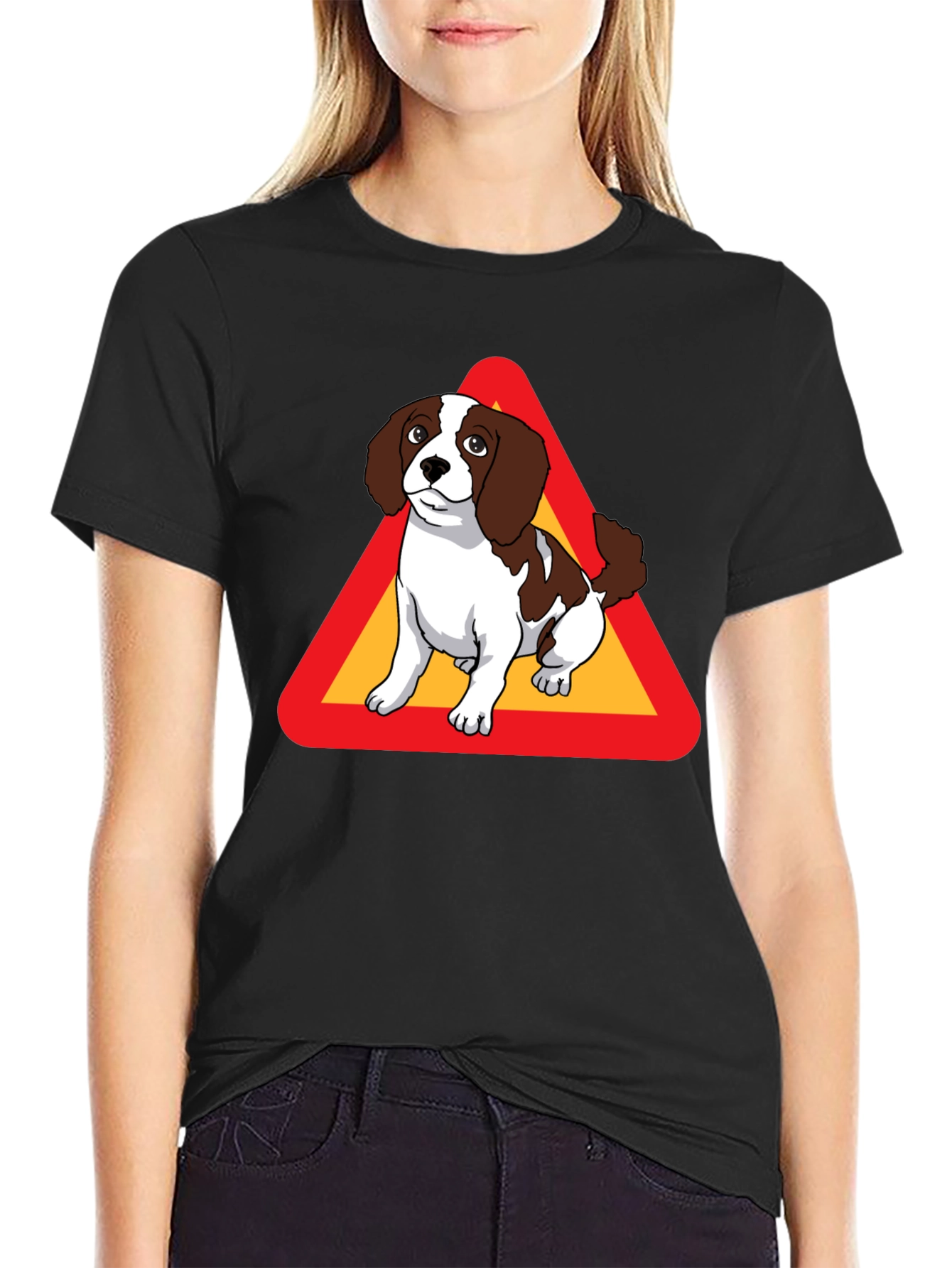 Dog Warning Sign Graphic Tee - Black Cotton T-Shirt