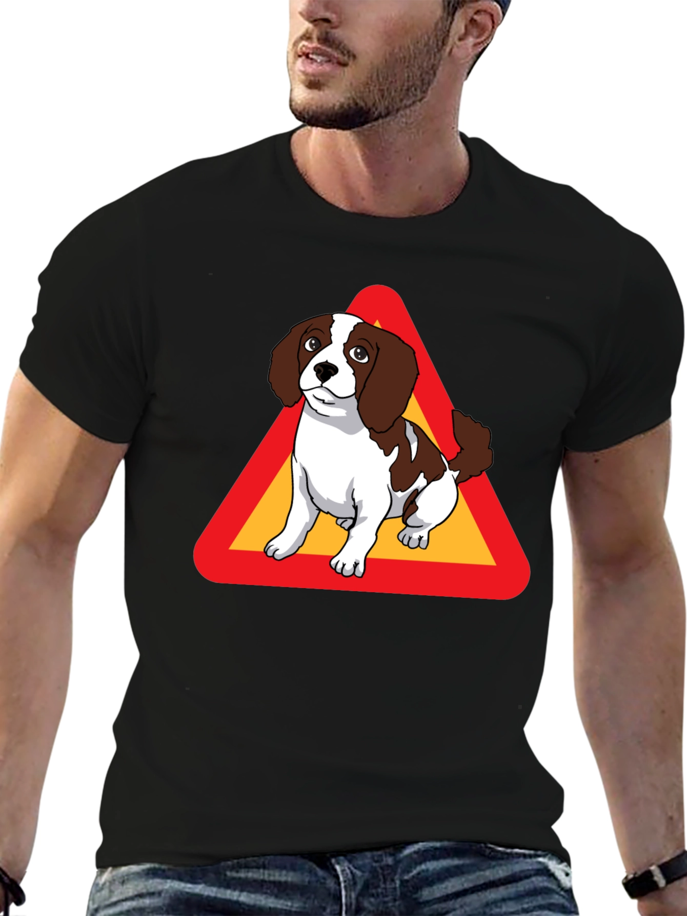 Dog Warning Sign Graphic Tee - Black Cotton T-Shirt