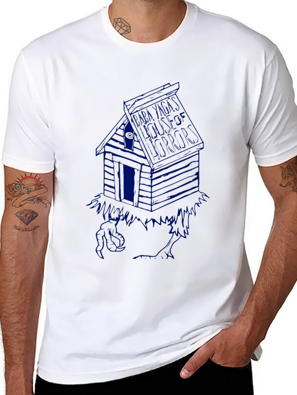 Black T-Shirt with Blue Cabin Graphic