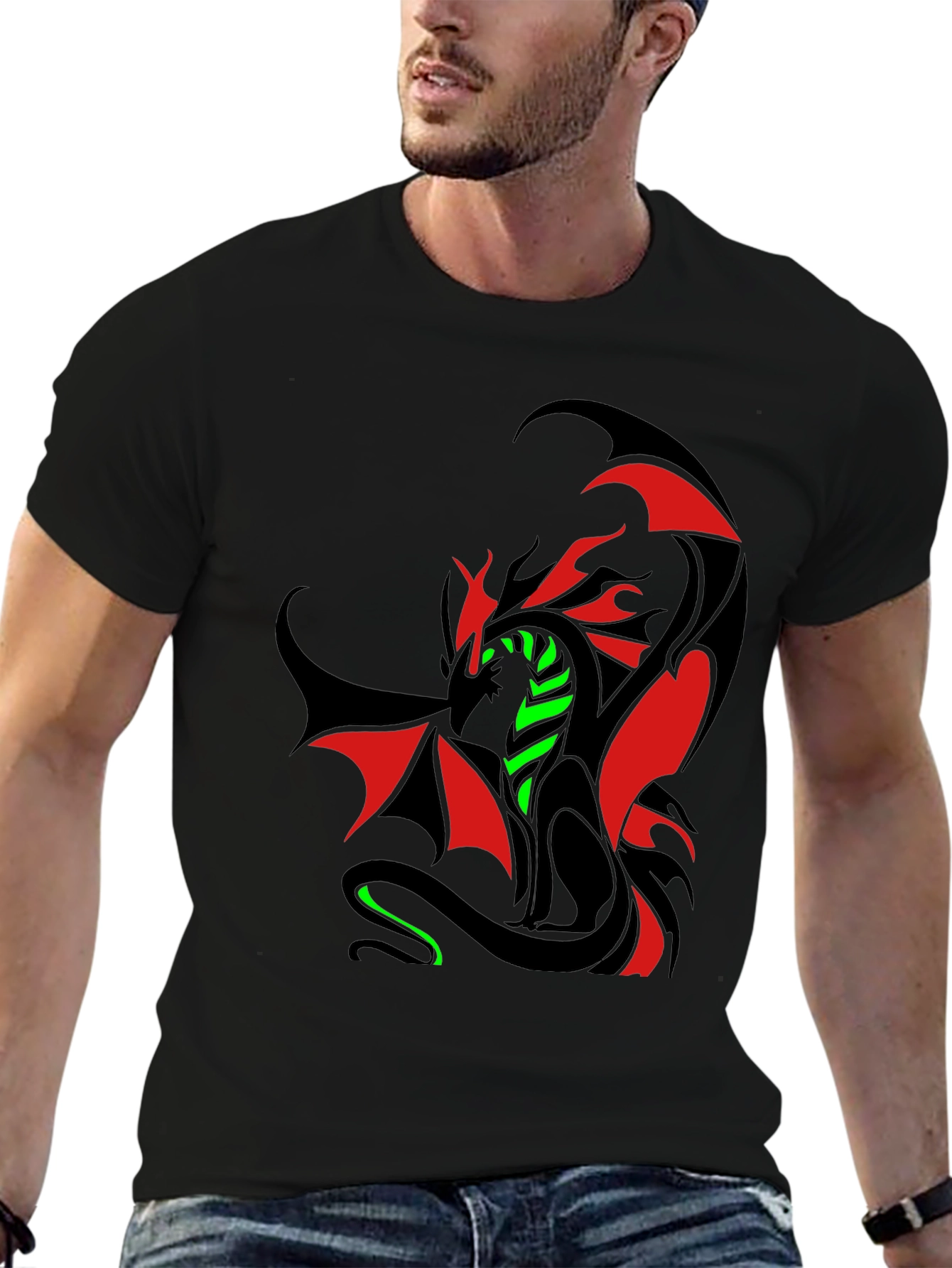 Dragon Graphic T-Shirt - Red Green & Black Design