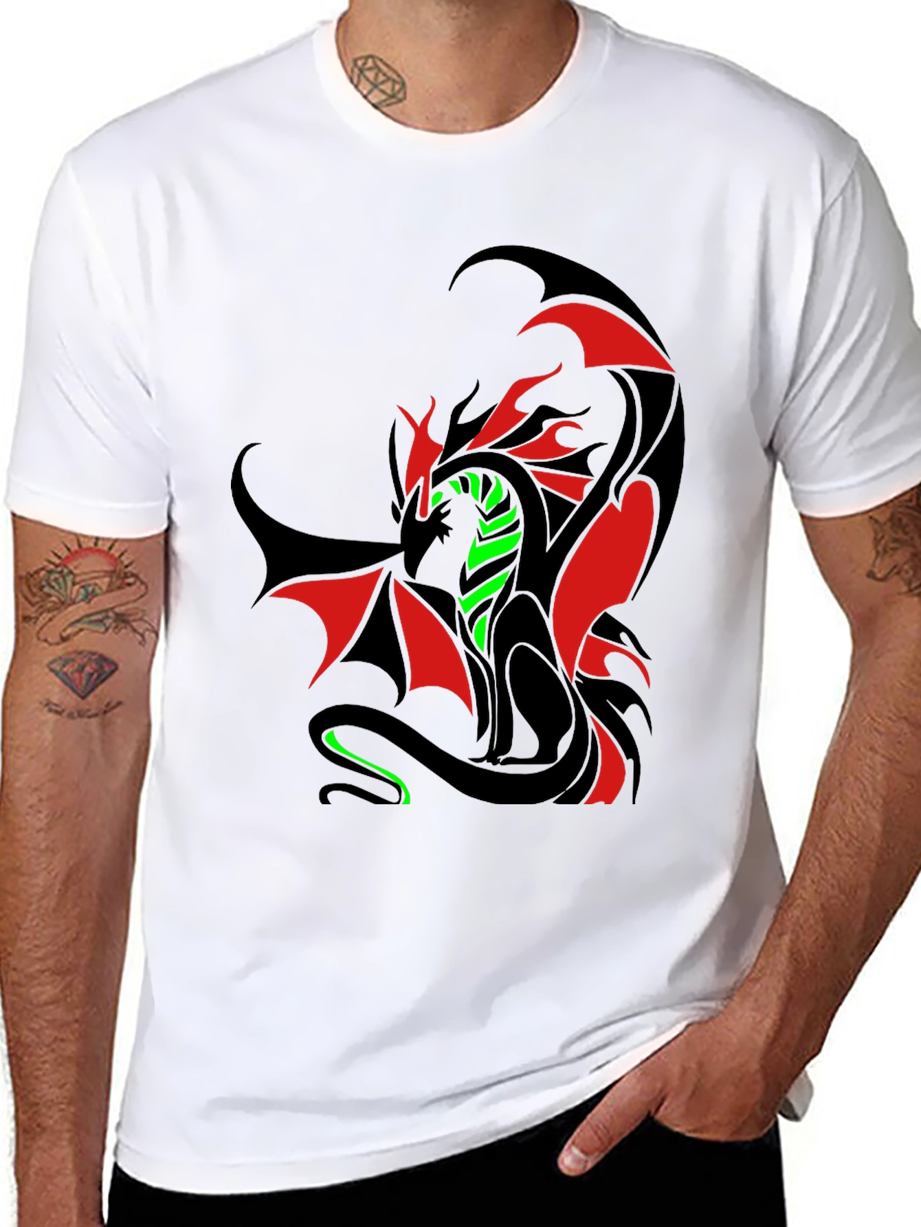 Dragon Graphic T-Shirt - Red Green & Black Design