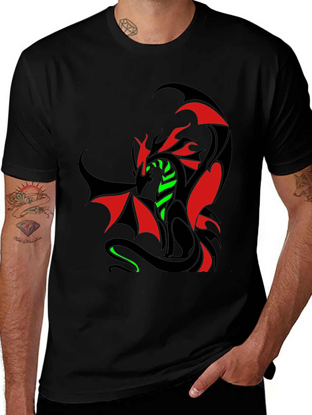 Dragon Graphic T-Shirt - Red Green & Black Design