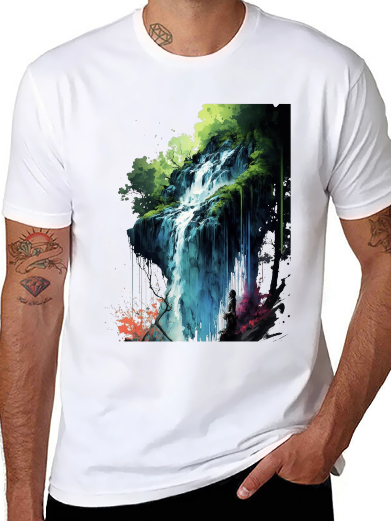 Waterfall Graphic Print Black T-Shirt