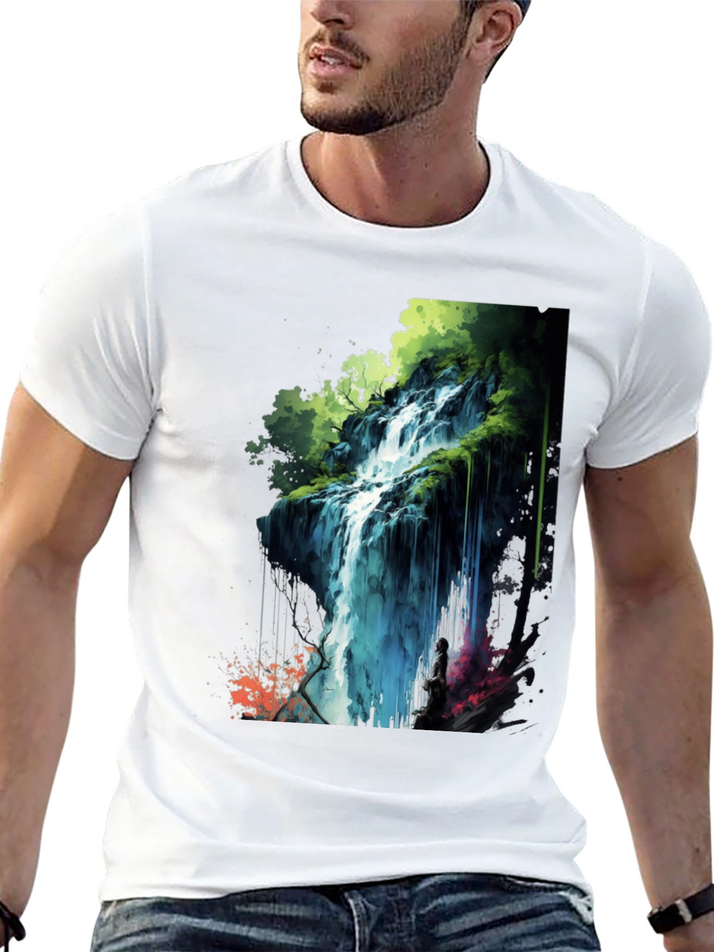 Waterfall Graphic Print Black T-Shirt