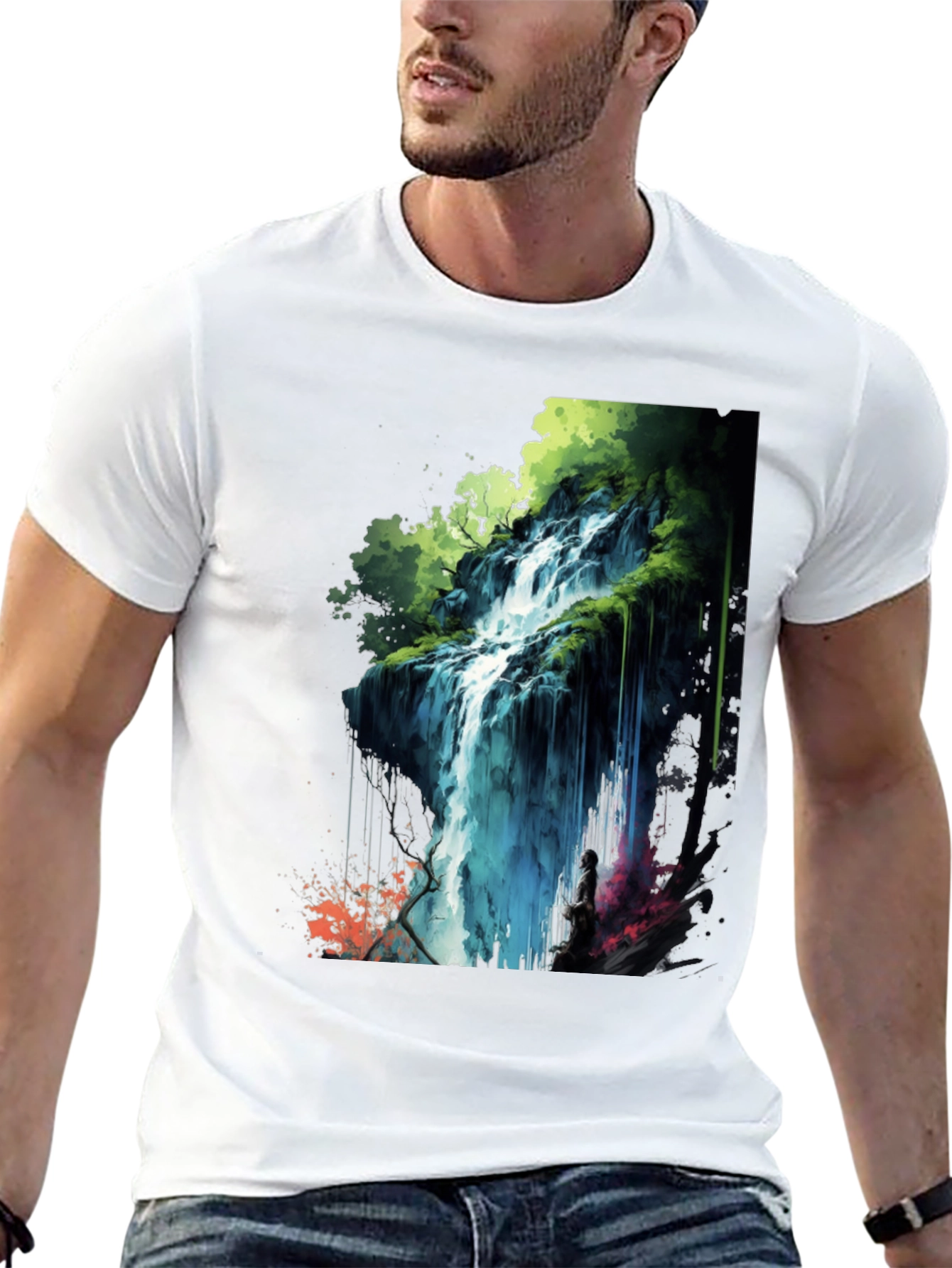Waterfall Graphic Print Black T-Shirt