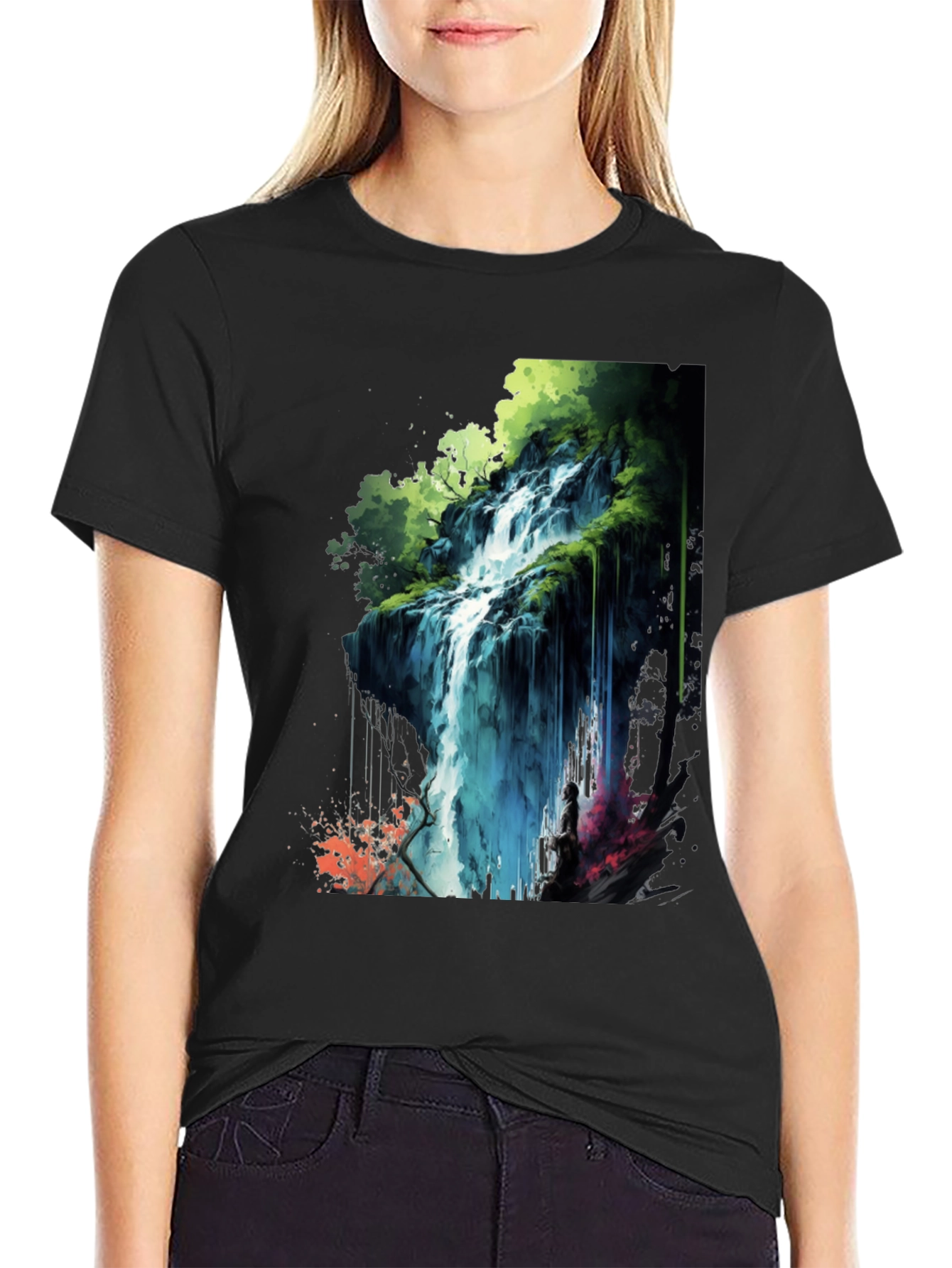 Waterfall Graphic Print Black T-Shirt