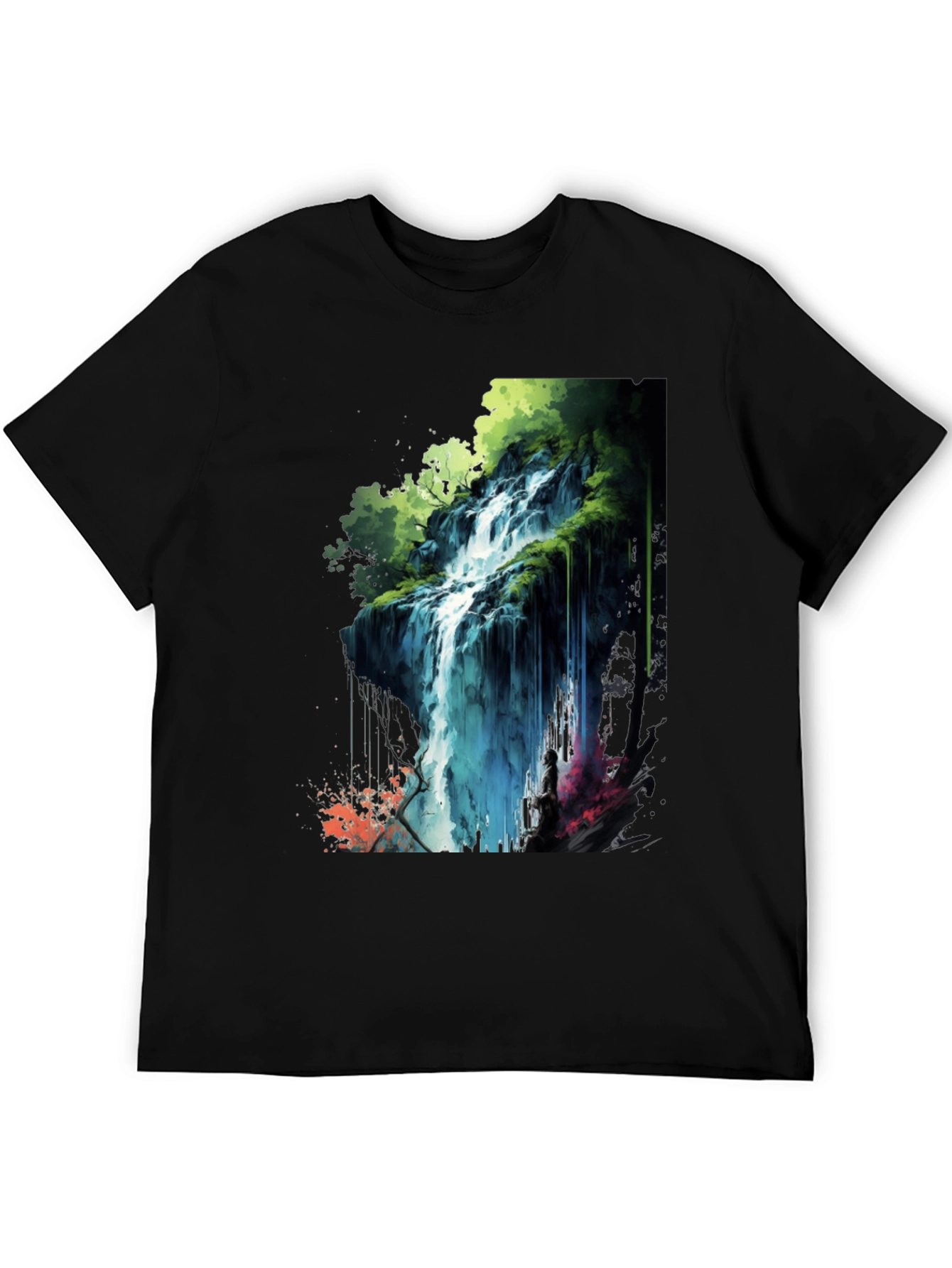 Waterfall Graphic Print Black T-Shirt