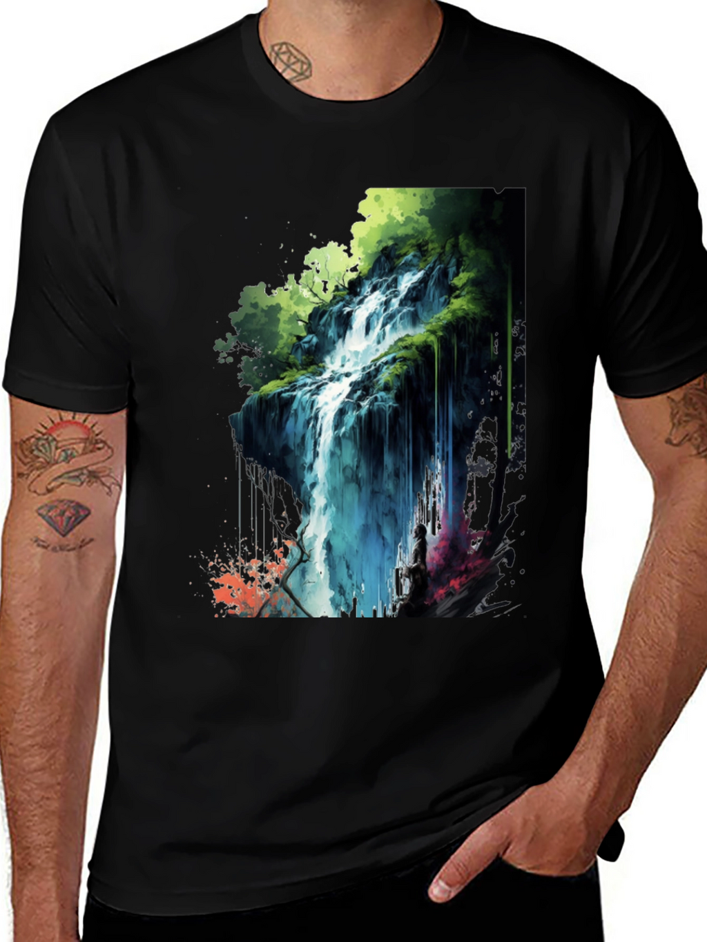 Waterfall Graphic Print Black T-Shirt