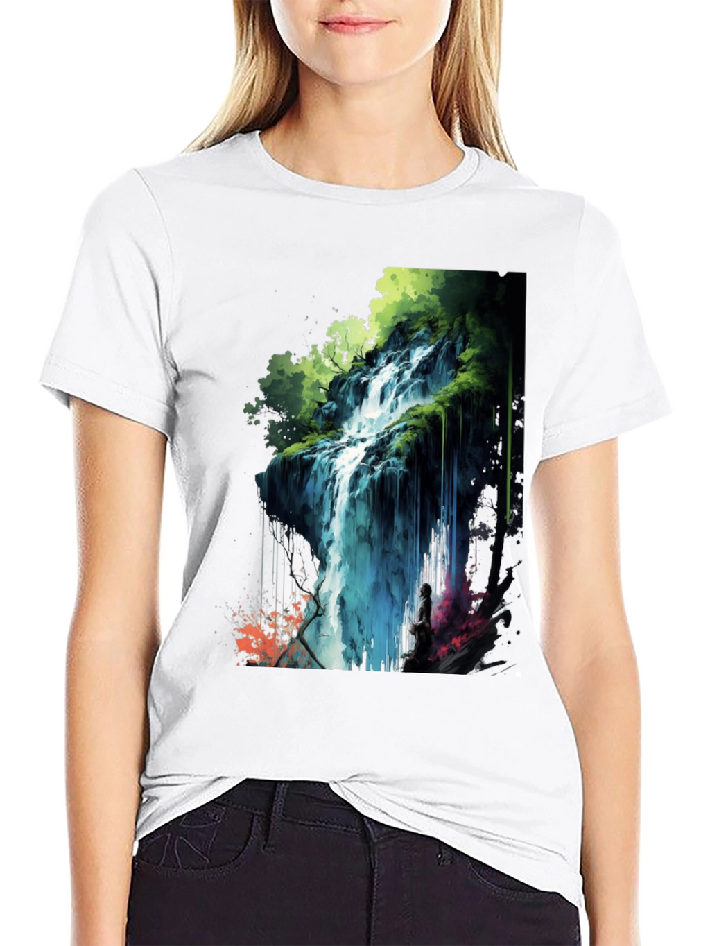 Waterfall Graphic Print Black T-Shirt