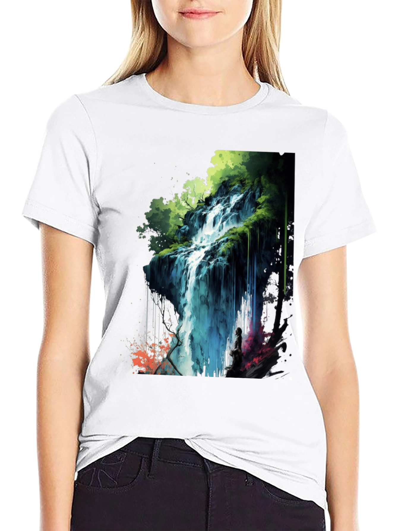 Waterfall Graphic Print Black T-Shirt