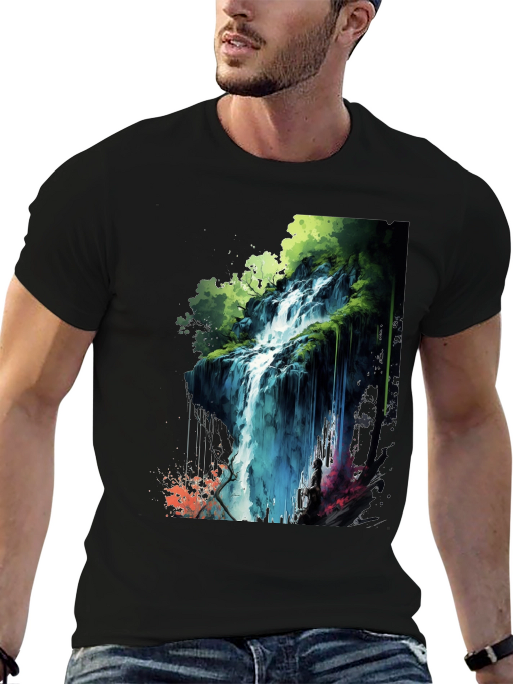 Waterfall Graphic Print Black T-Shirt