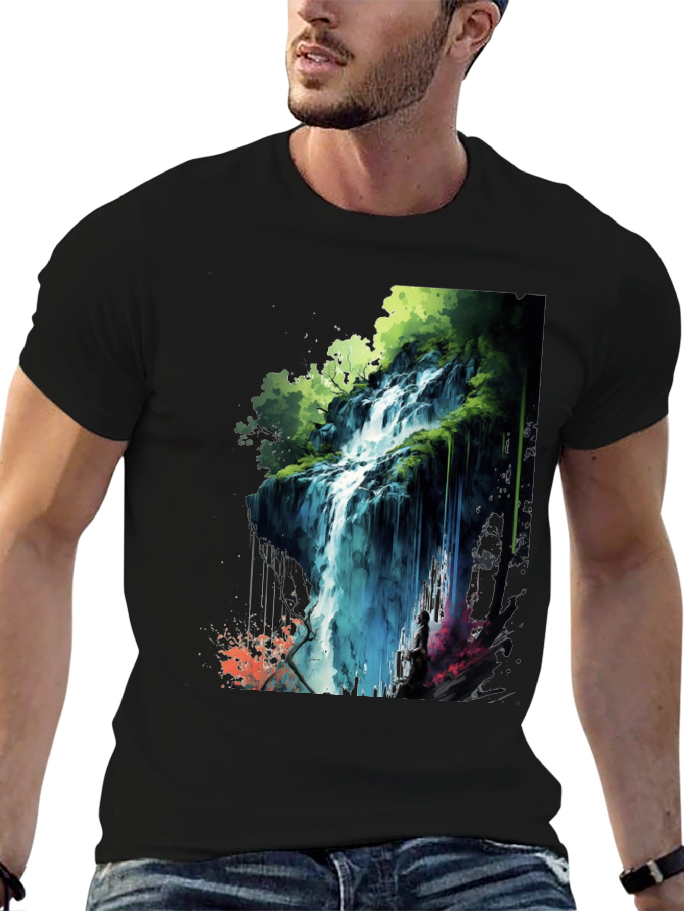 Waterfall Graphic Print Black T-Shirt