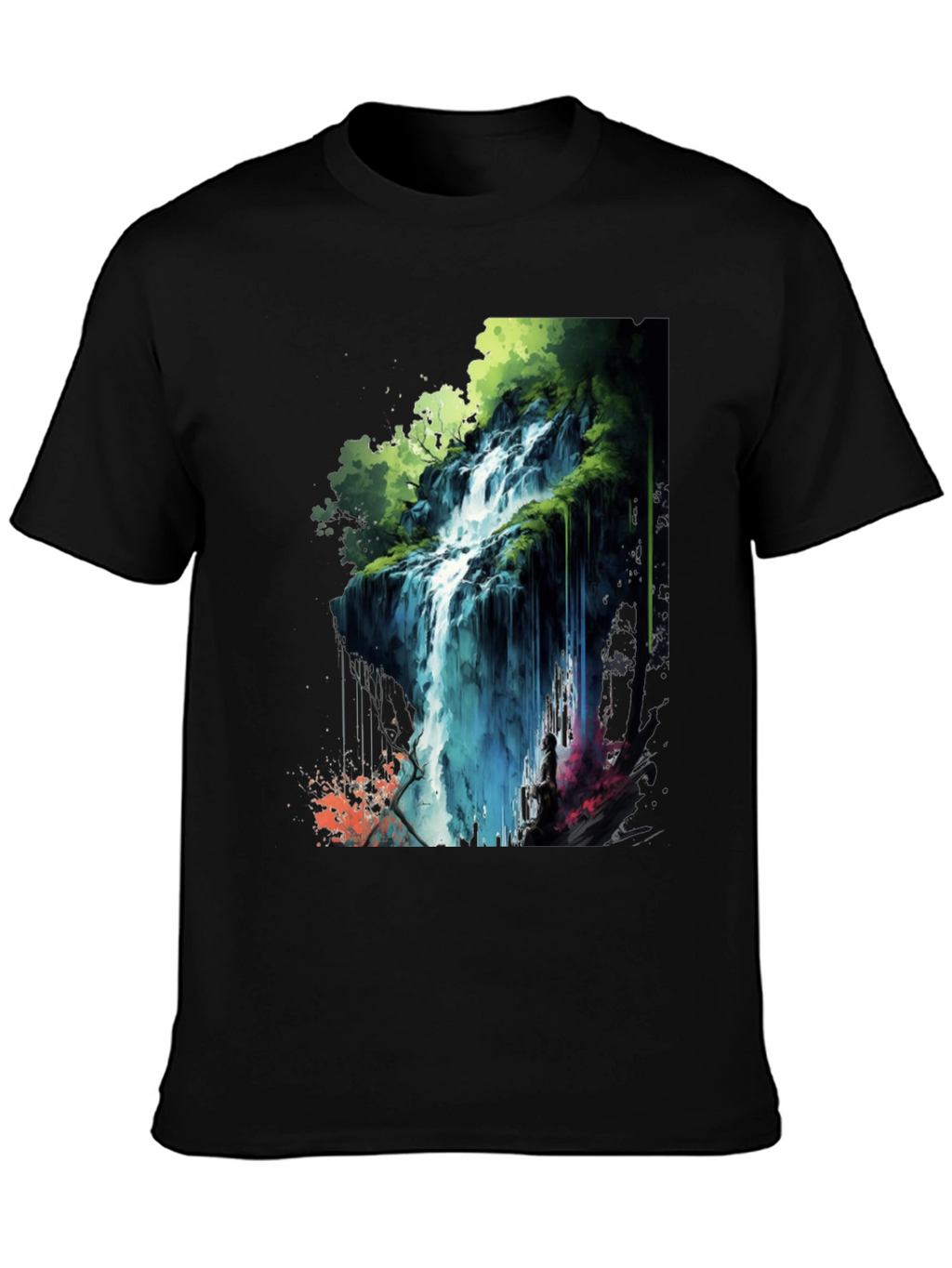 Waterfall Graphic Print Black T-Shirt